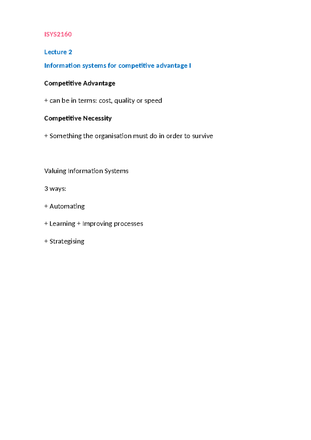 ISYS2160 Notes - MY NOTE - ISYS Lecture 2 Information systems for ...