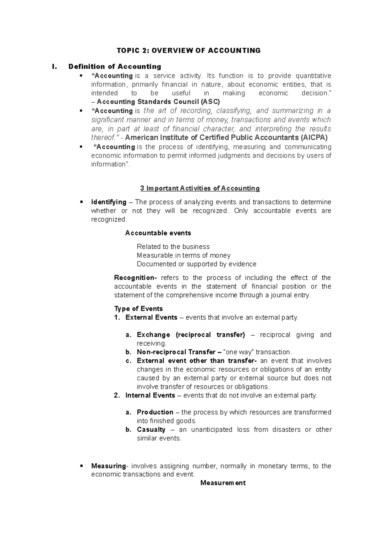 Topic 2 - Lecture notes 2 - TOPIC 2: OVERVIEW OF ACCOUNTING I ...