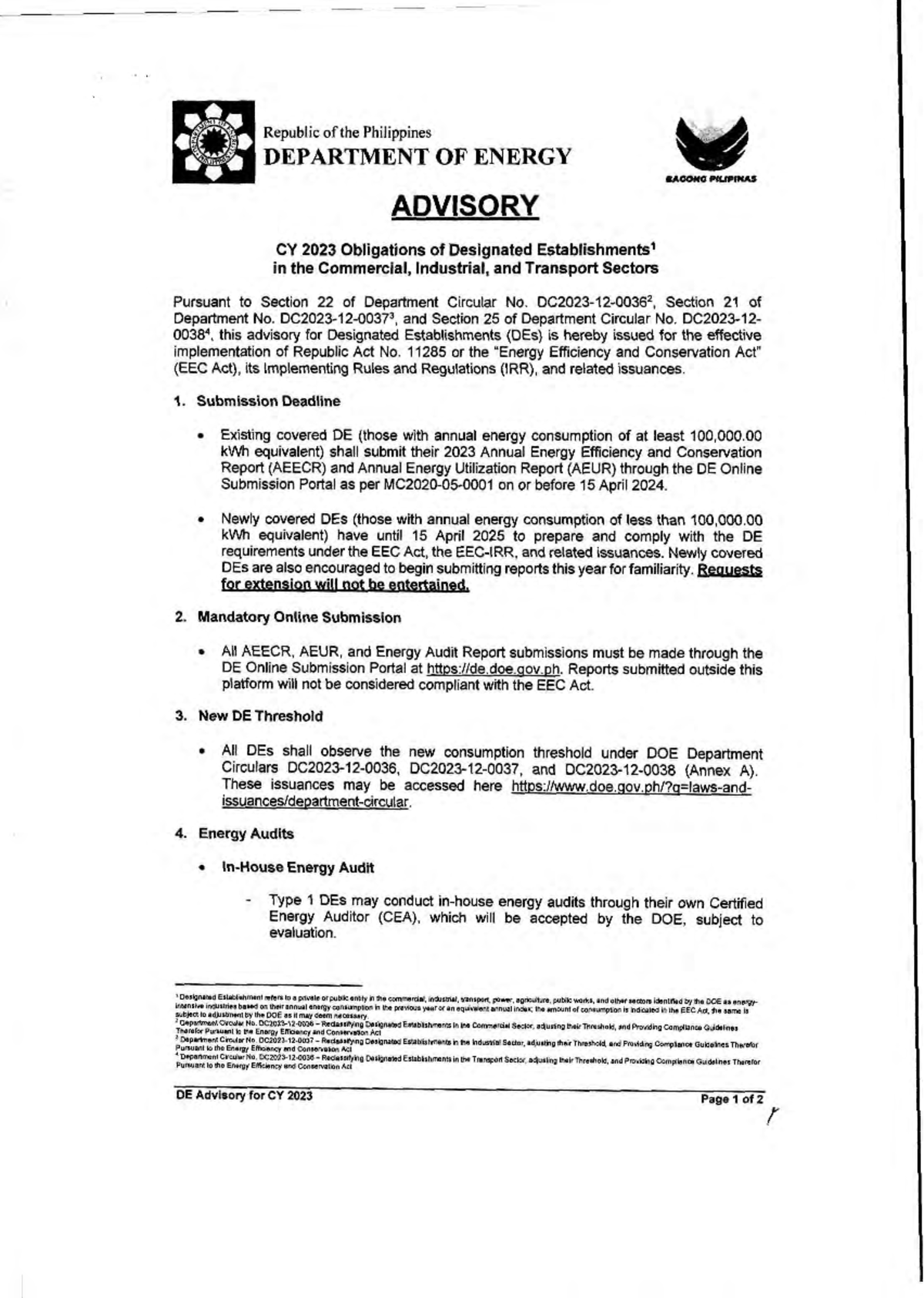 Advisory CY2023 Obligations of Designated Establishments in the ...
