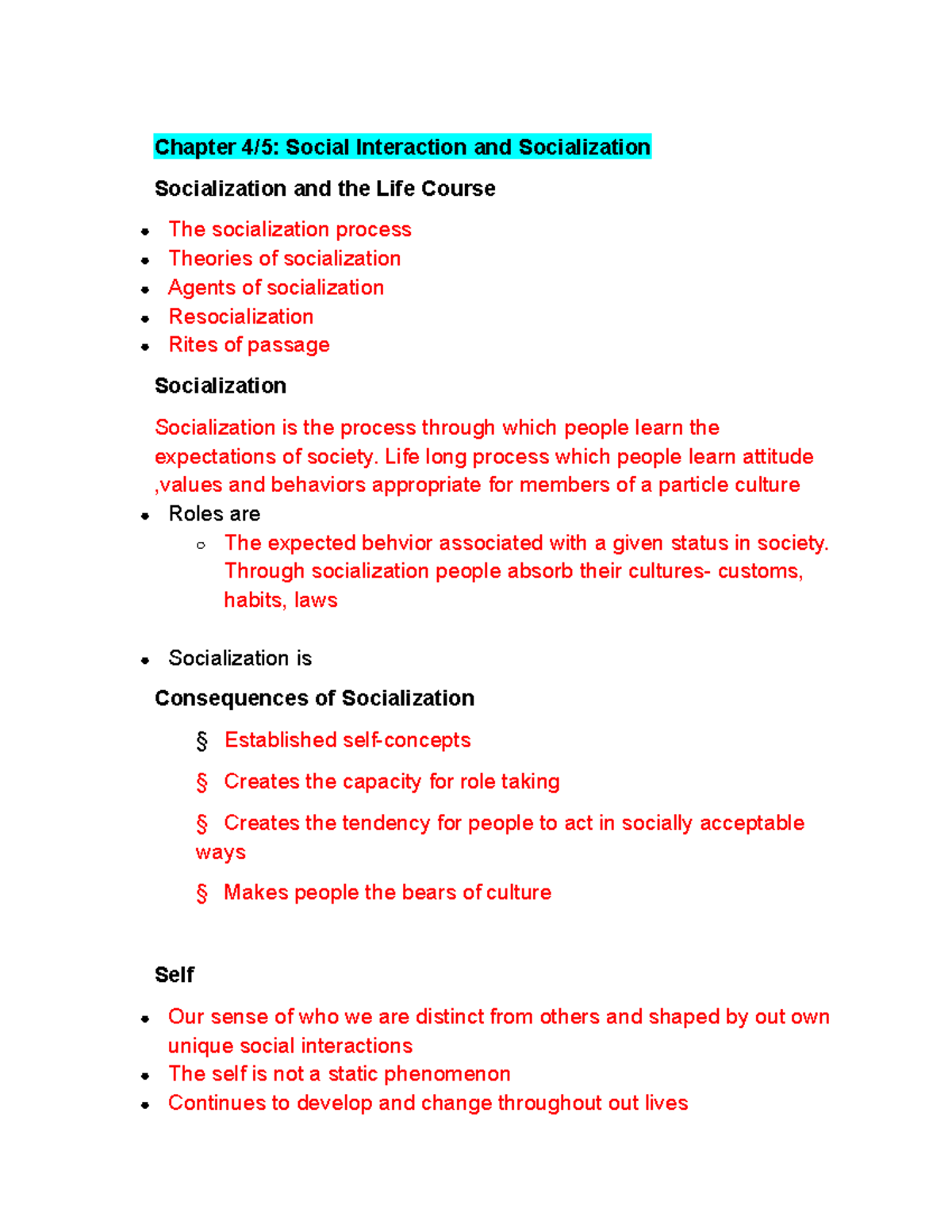 Soc 1010 Chater 4 Notes - Chapter 4/5: Social Interaction And ...