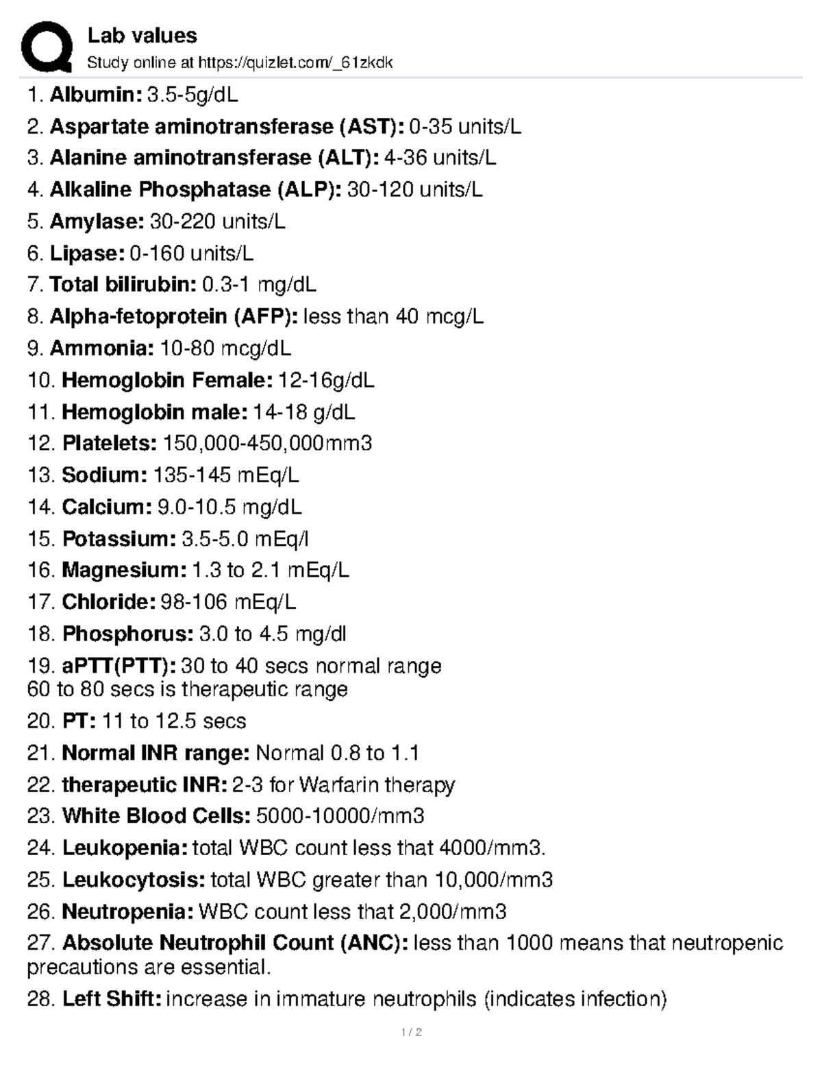 Labs to know ATI labs Lab values Study online at quizlet/_61zkdk