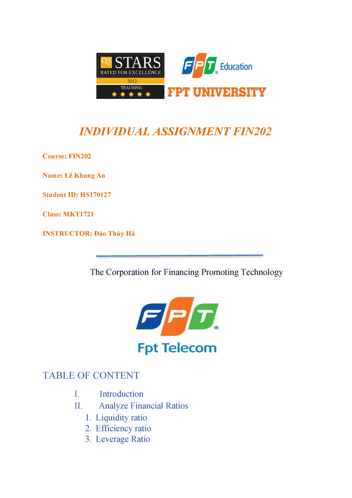 Fin202 - Assignment - INDIVIDUAL ASSIGNMENT FIN Course: FIN Name: Lê ...