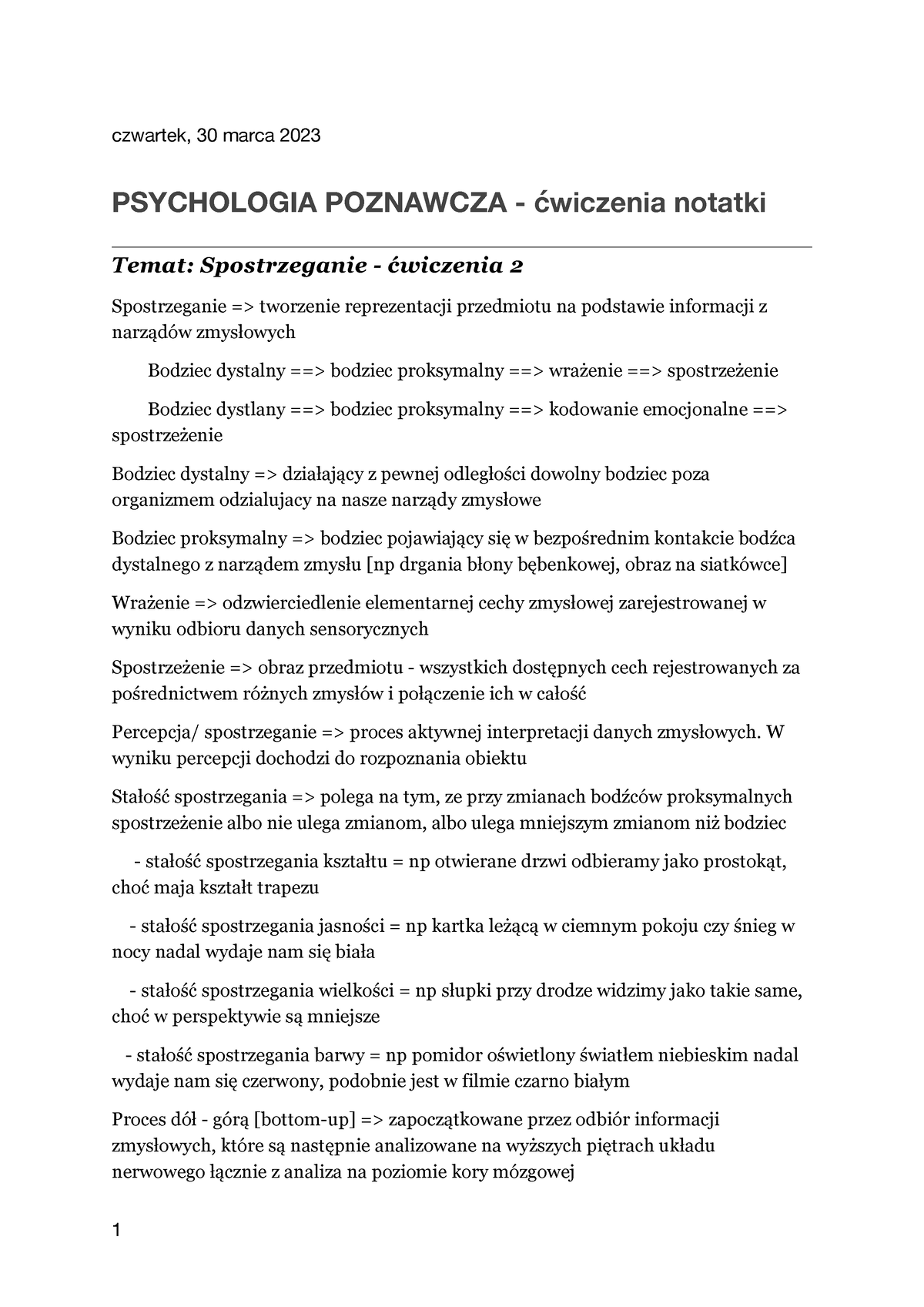 Psychologia Poznawcza - ćwiczenia Notatki - Czwartek, 30 Marca 2023 ...