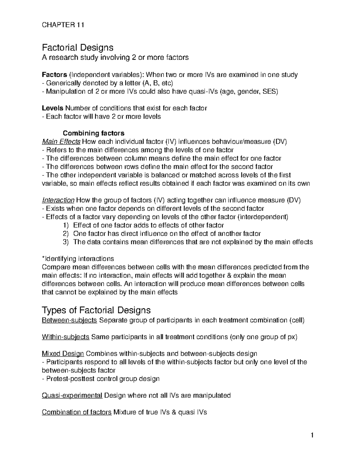 Chapter 11 summary - CHAPTER 11 Factorial Designs A research study ...