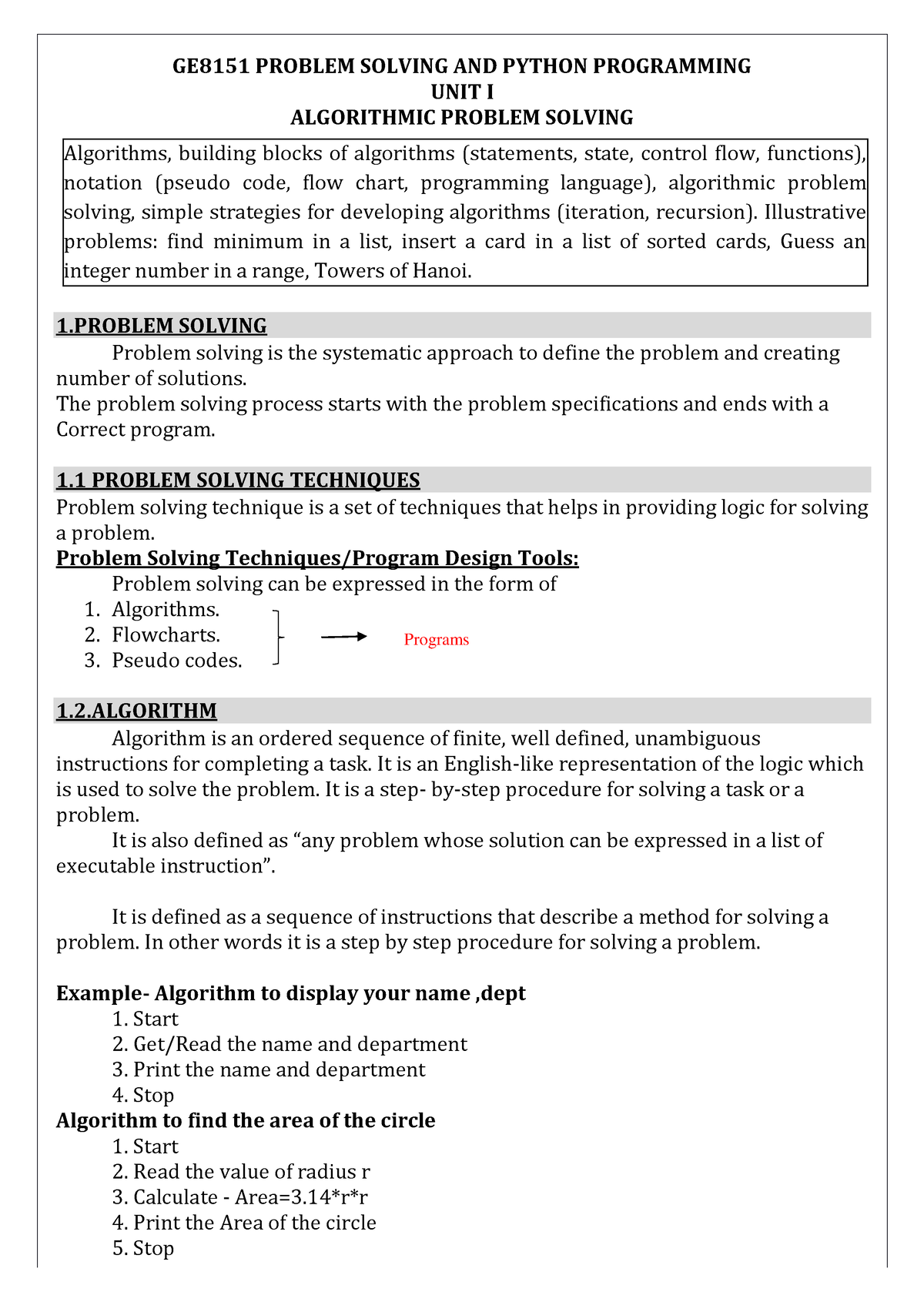 problem solving and python programming lab syllabus