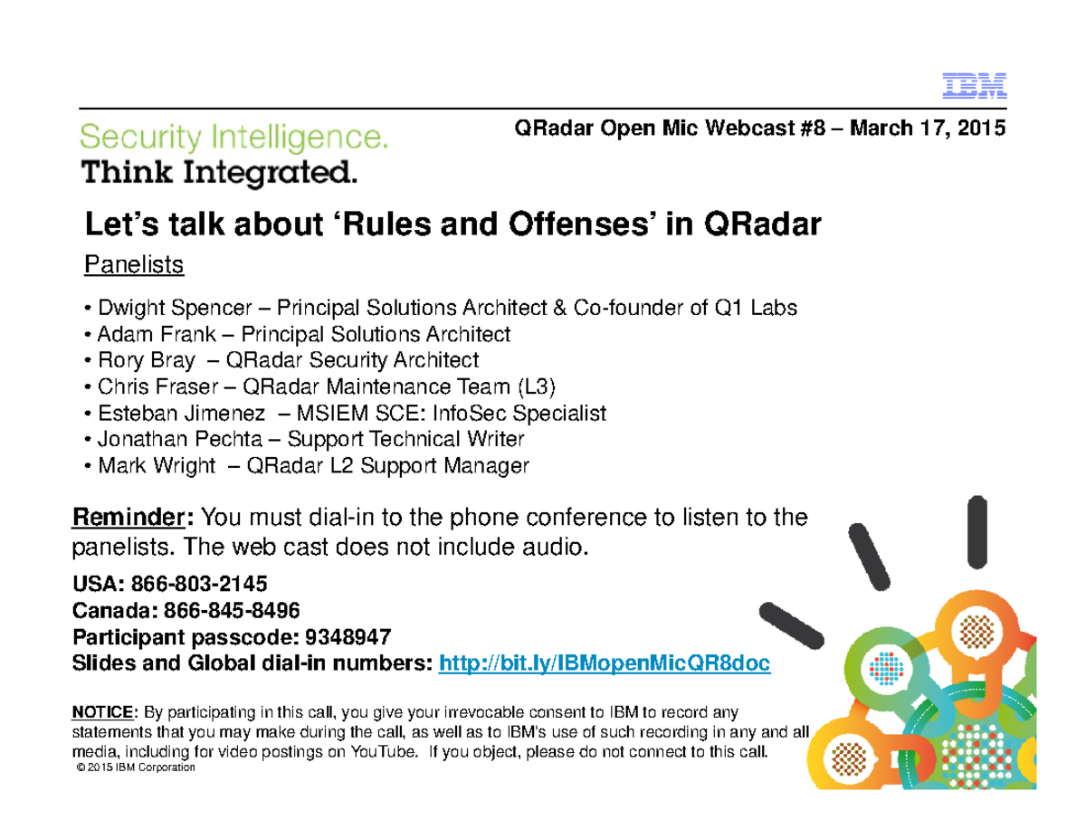 QRadar Rules and Offenses Open Mic March 2015 © 2012 IBM Corporation © 2015 IBM