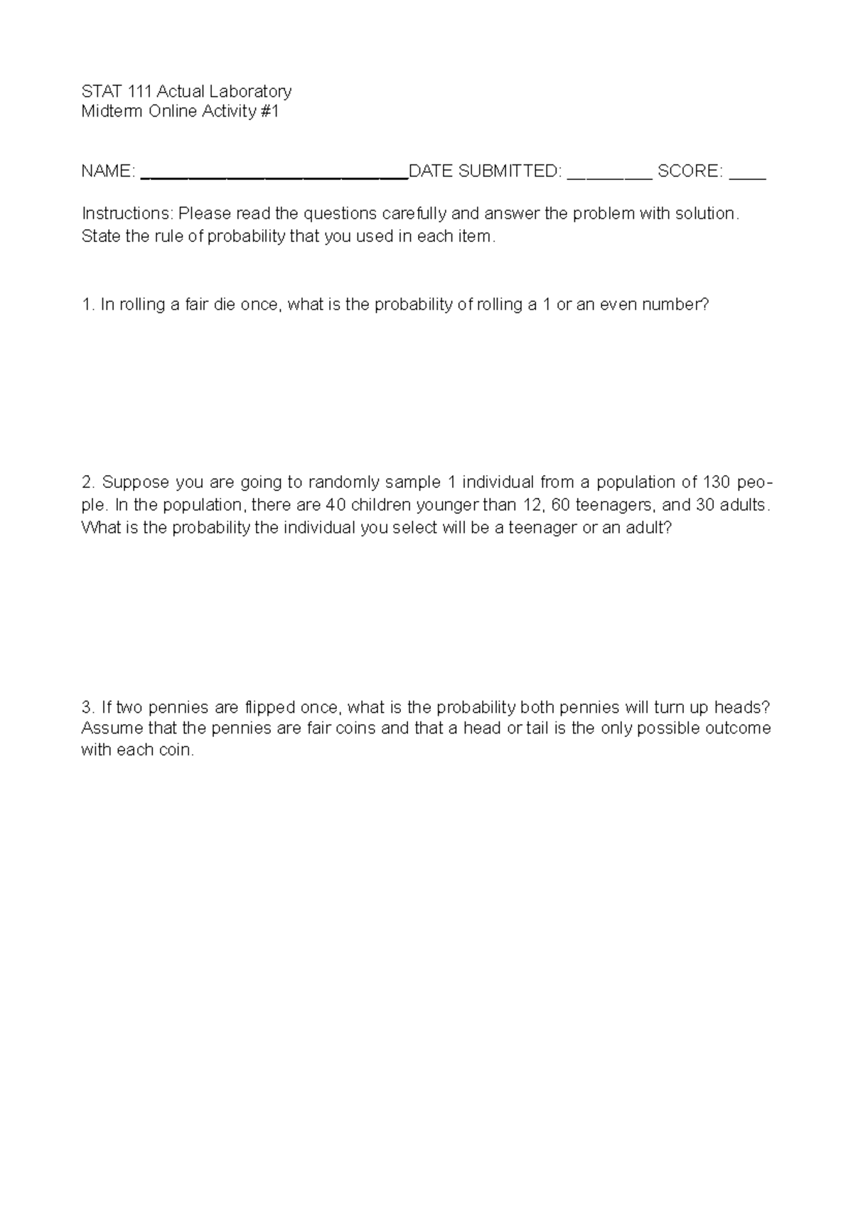 Stat Lab Act No - Stat activity - STAT 111 Actual Laboratory Midterm ...