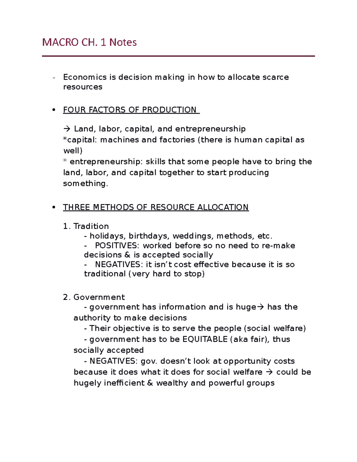 Macro CH.1 - Lecture notes 1 - MACRO CH. 1 Notes - Economics is ...