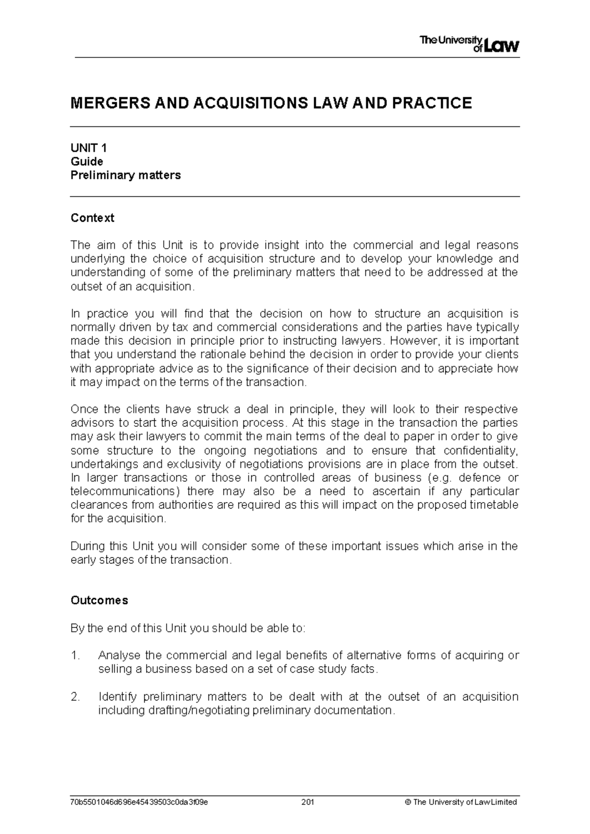 M&A Workshop 1 Guide - MERGERS AND ACQUISITIONS LAW AND PRACTICE UNIT 1 ...
