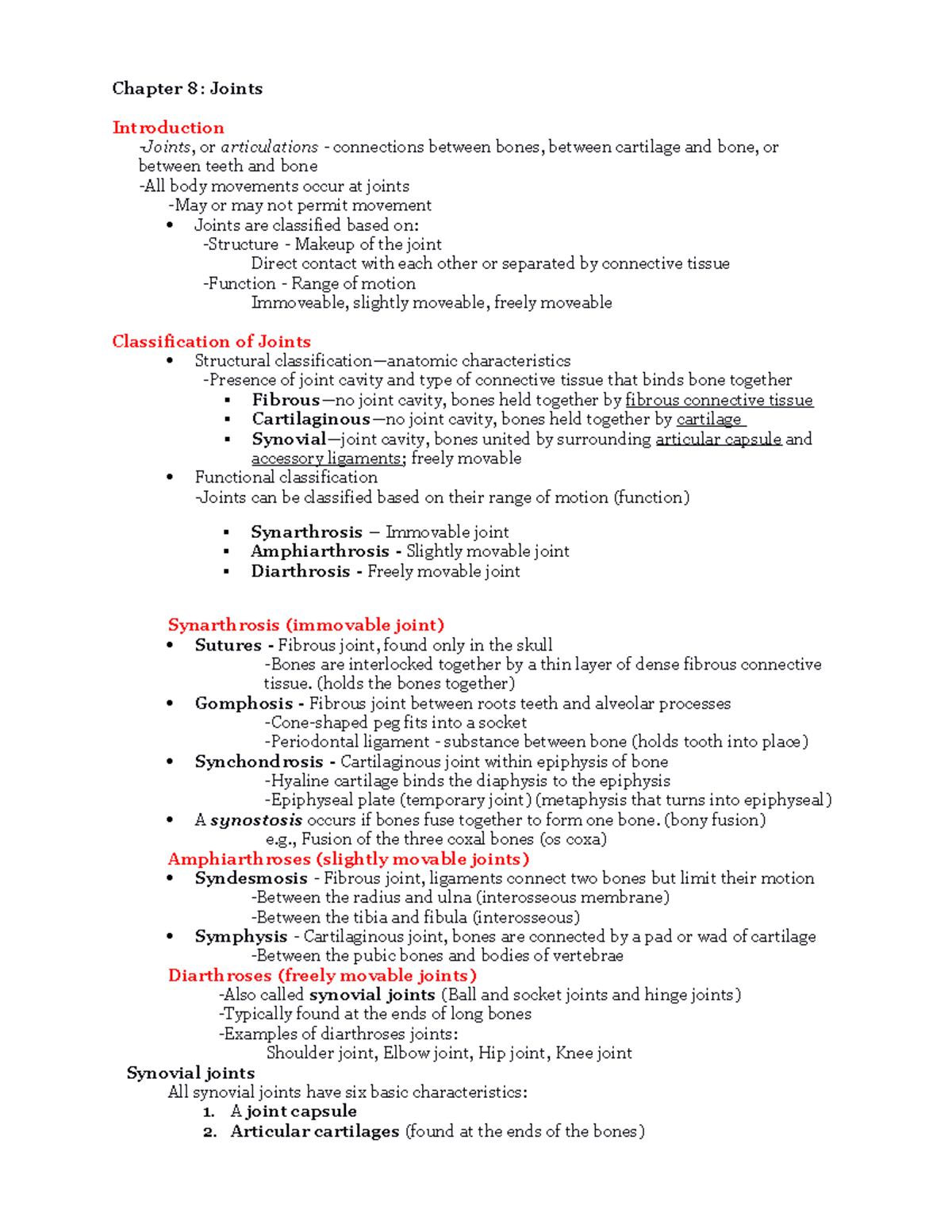 Chapter 8 Notes - Chapter 8: Joints Introduction -Joints , Or ...