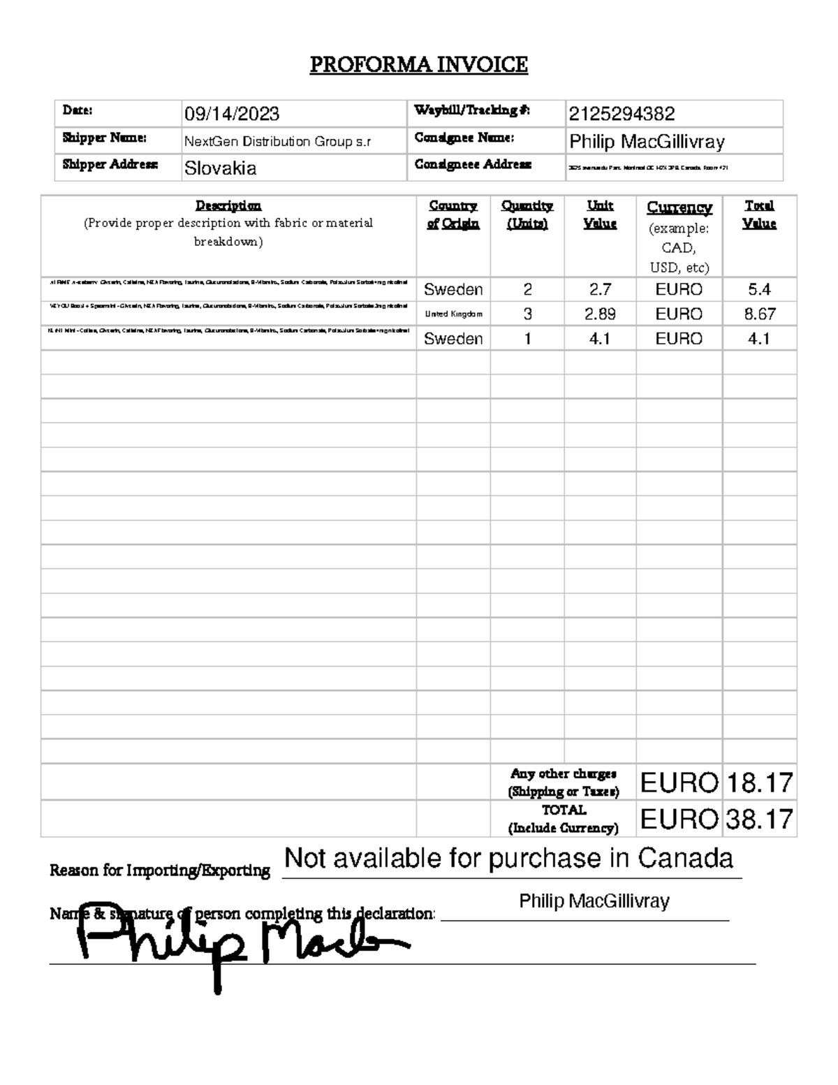 Econ 250 Practice - PROFORMA INVOICE Date: Waybill/Tracking #: Shipper ...