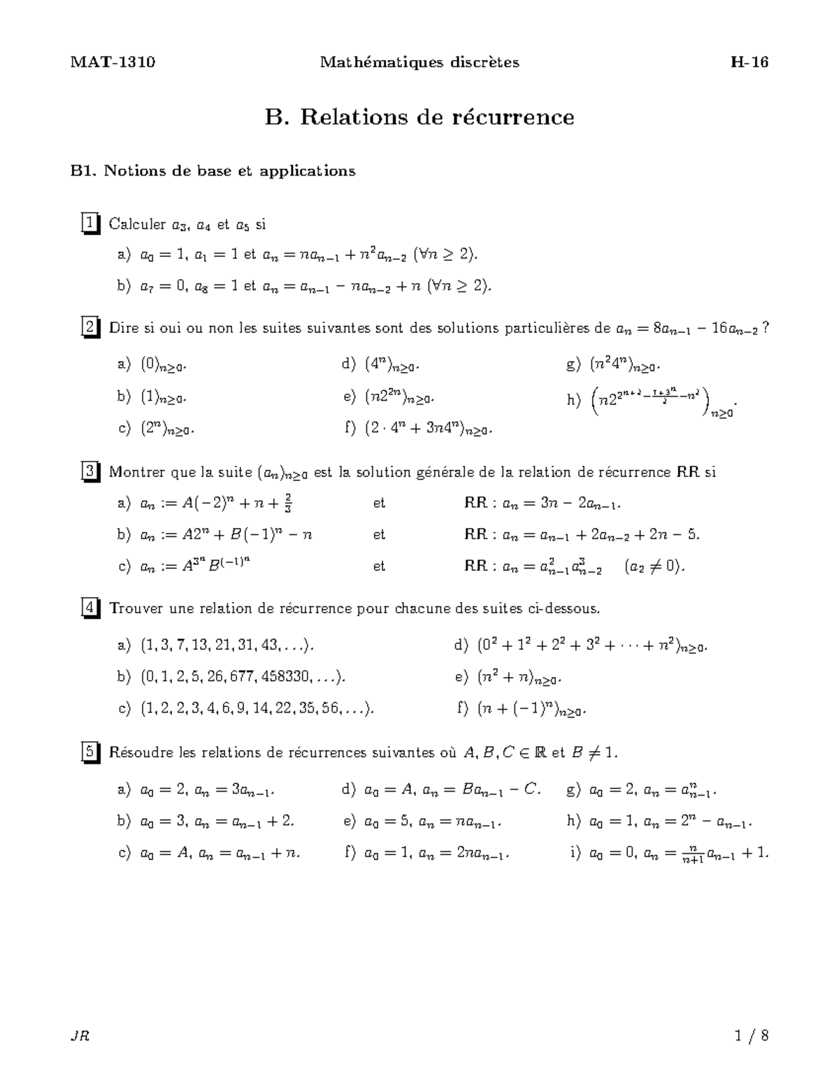 2. Exercices Relations De Récurrence - B. Relations De R ́ecurrence B1 ...