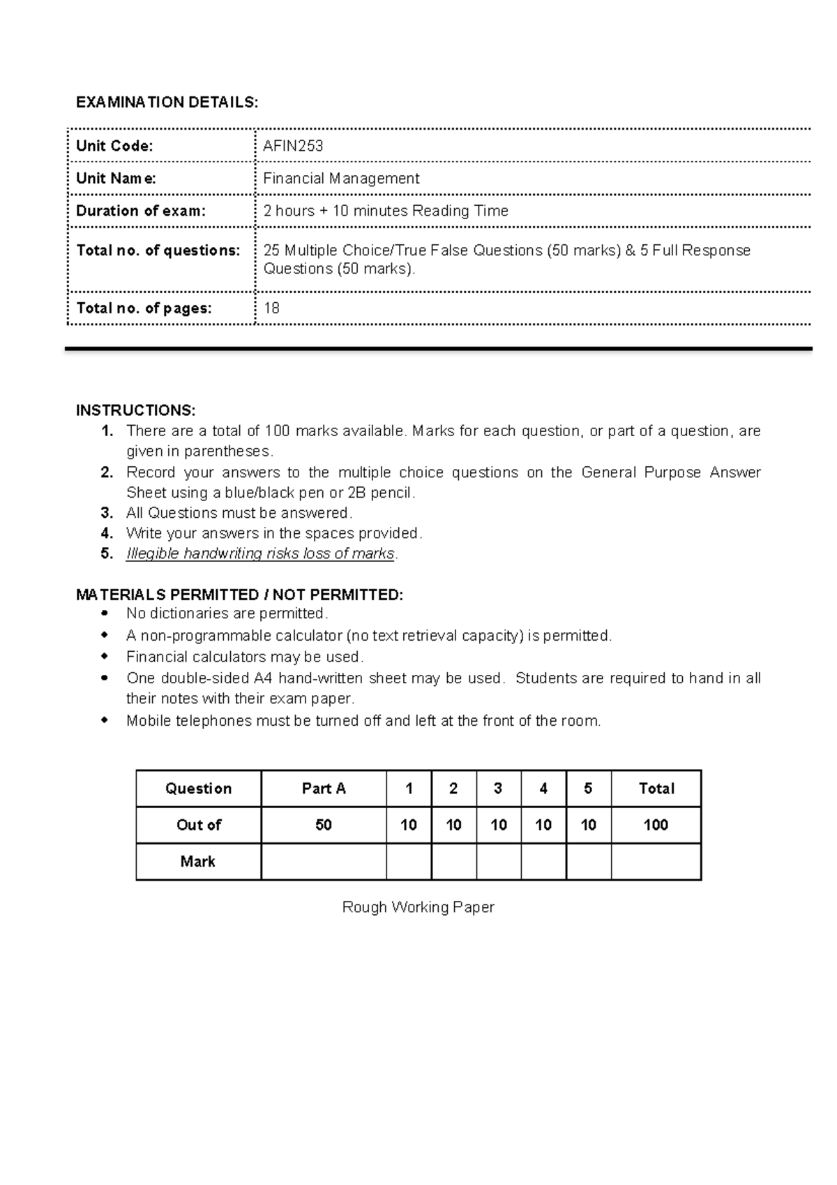 2015 S1 Final Exam - EXAMINATION DETAILS: Unit Code: AFIN Unit Name ...