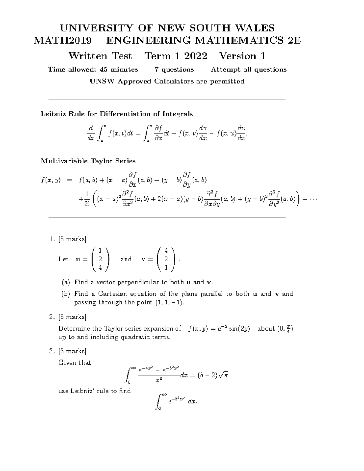 MATH2019 Test 1 2022 T1 - abcd - UNIVERSITY OF NEW SOUTH WALES MATH2019 ...