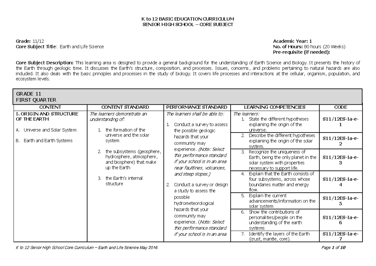 Earth and Life Science 05 - of Hours: 80 hours (20 Weeks) Pre-requisite ...