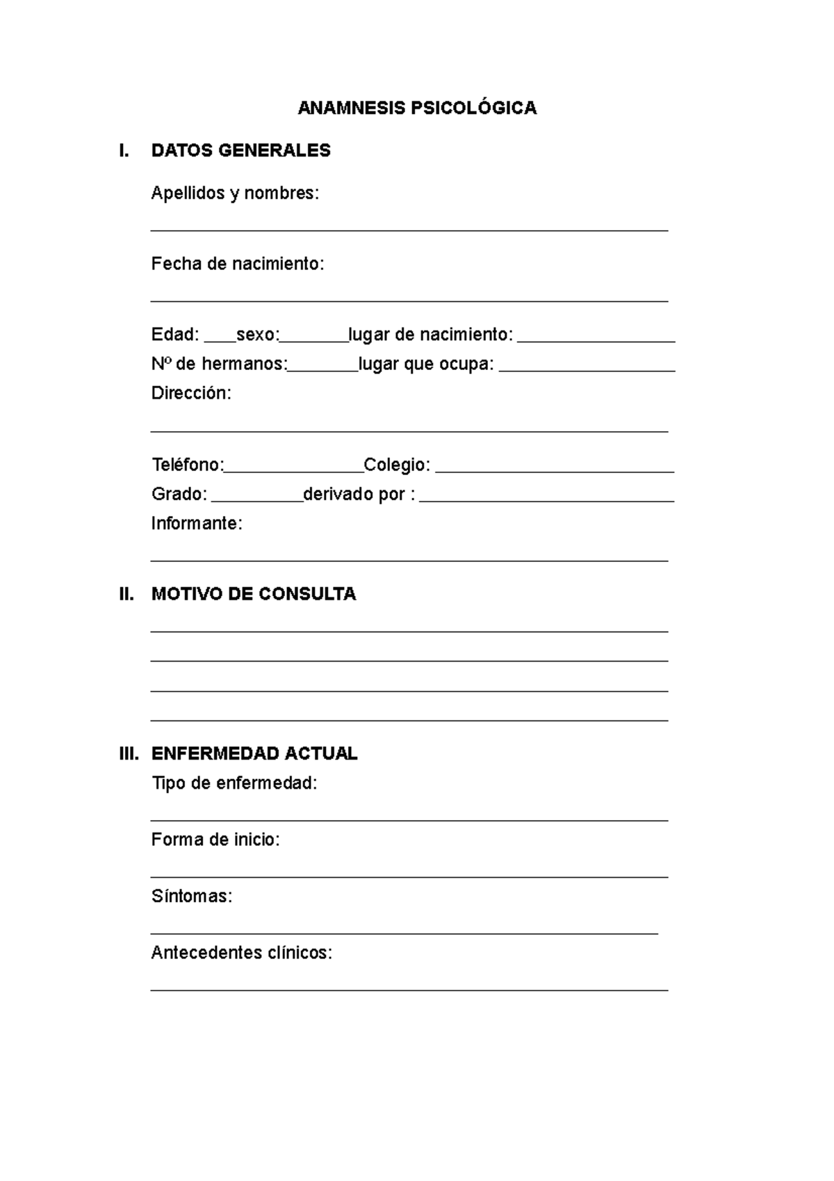psicologia errt - ANAMNESIS PSICOLÓGICA I. DATOS GENERALES Apellidos y ...