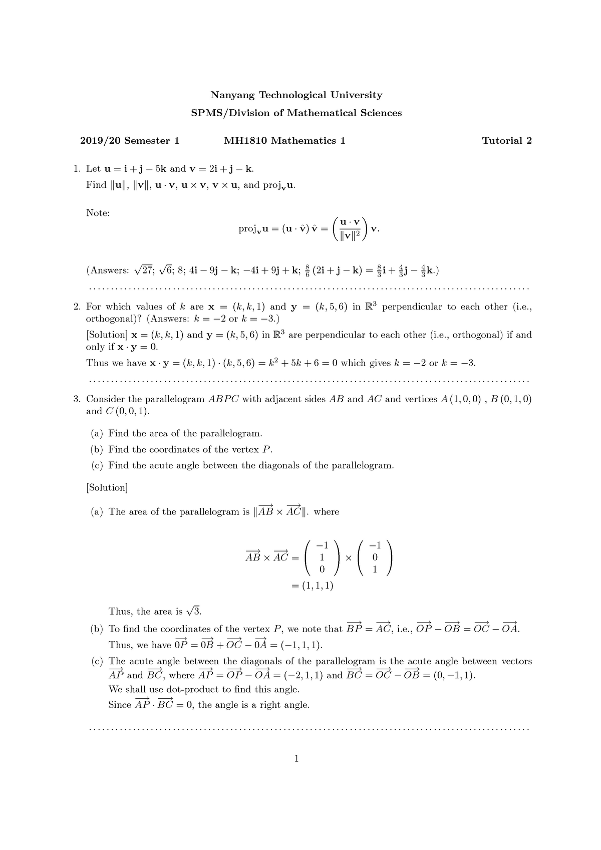 Mh1810 Tut 2 19 Vectors Soln Studocu