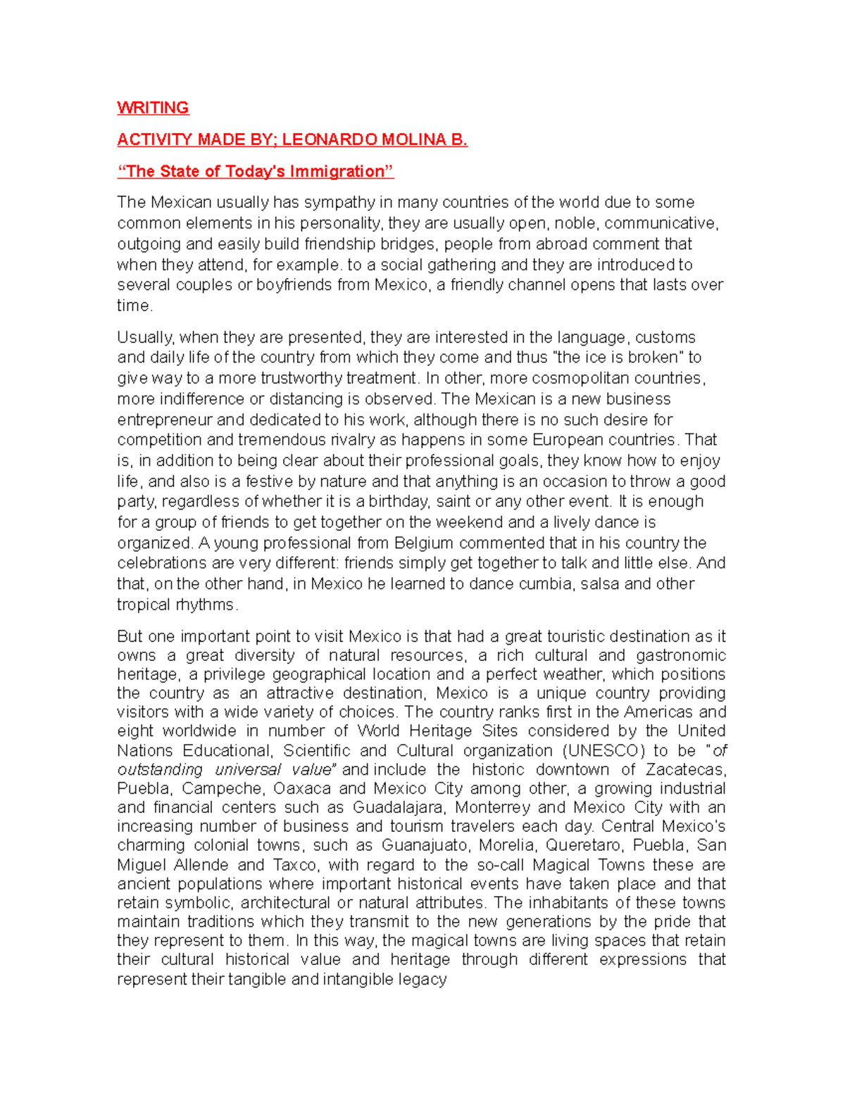 Writing Migration - Apuntes - WRITING ACTIVITY MADE BY; LEONARDO MOLINA ...
