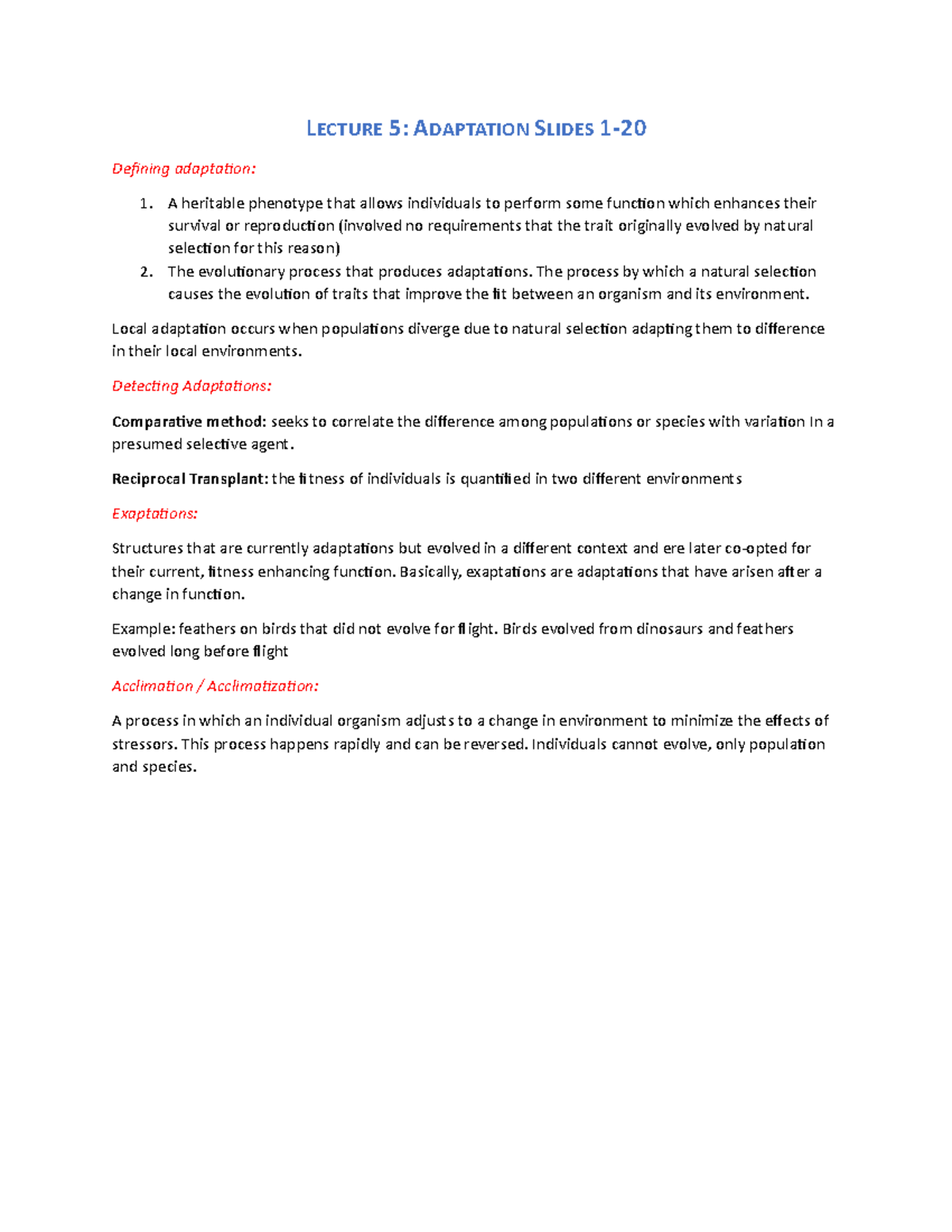 Lecture 5 Adaptations PDF notes - LECTURE 5: ADAPTATION SLIDES 1 - 20