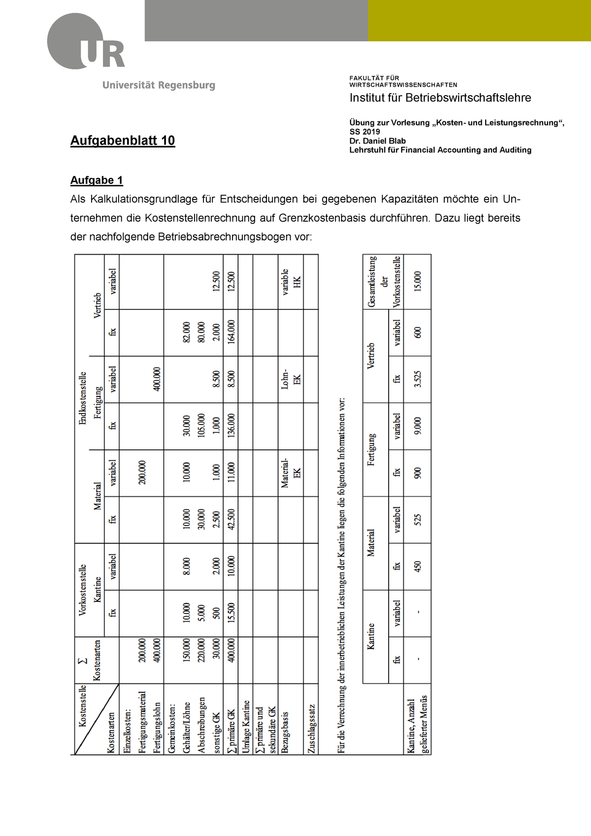 Aufgabenblatt 10 - SS 19 - FAKULT ÄT FÜR WIRT SCHAFT SWISSENSCH AFT EN ...