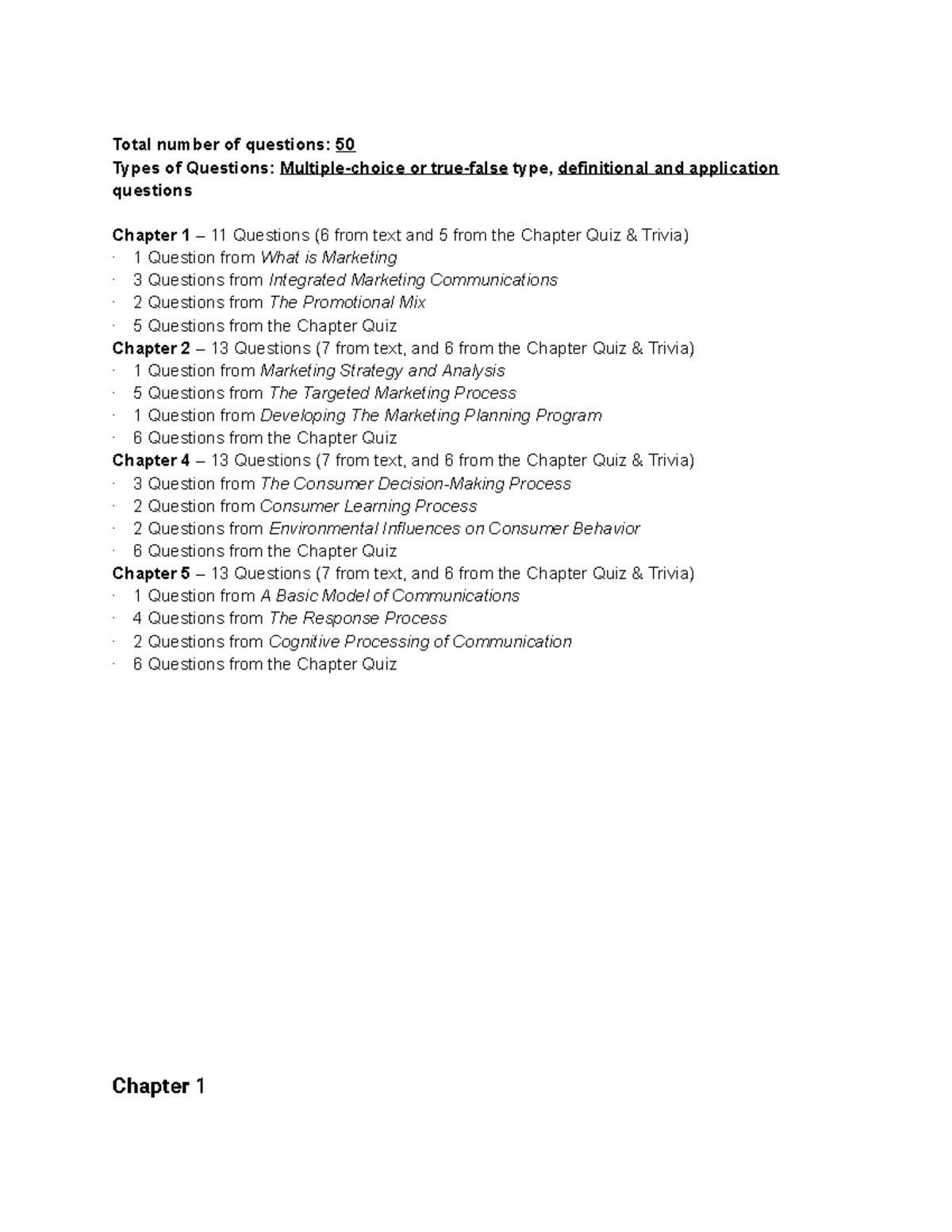 350 EXAM 1 Study Guide - Total number of questions: 50 Types of ...