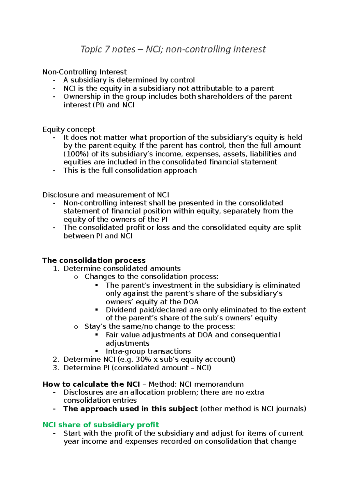 Topic 7 notes NCI accounting for business combinations 022320