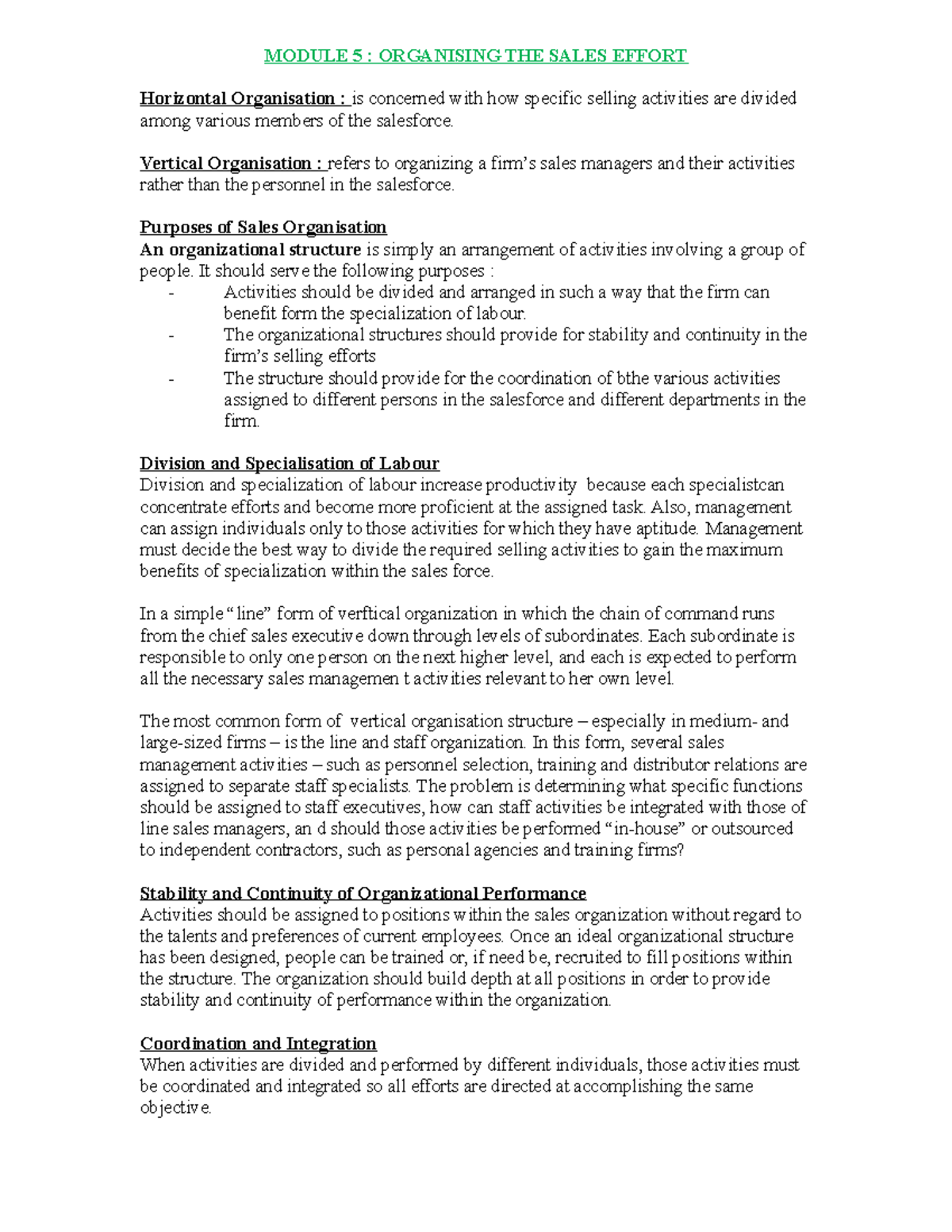 Ch5 Organising the Sales effort - MODULE 5 : ORGANISING THE SALES ...