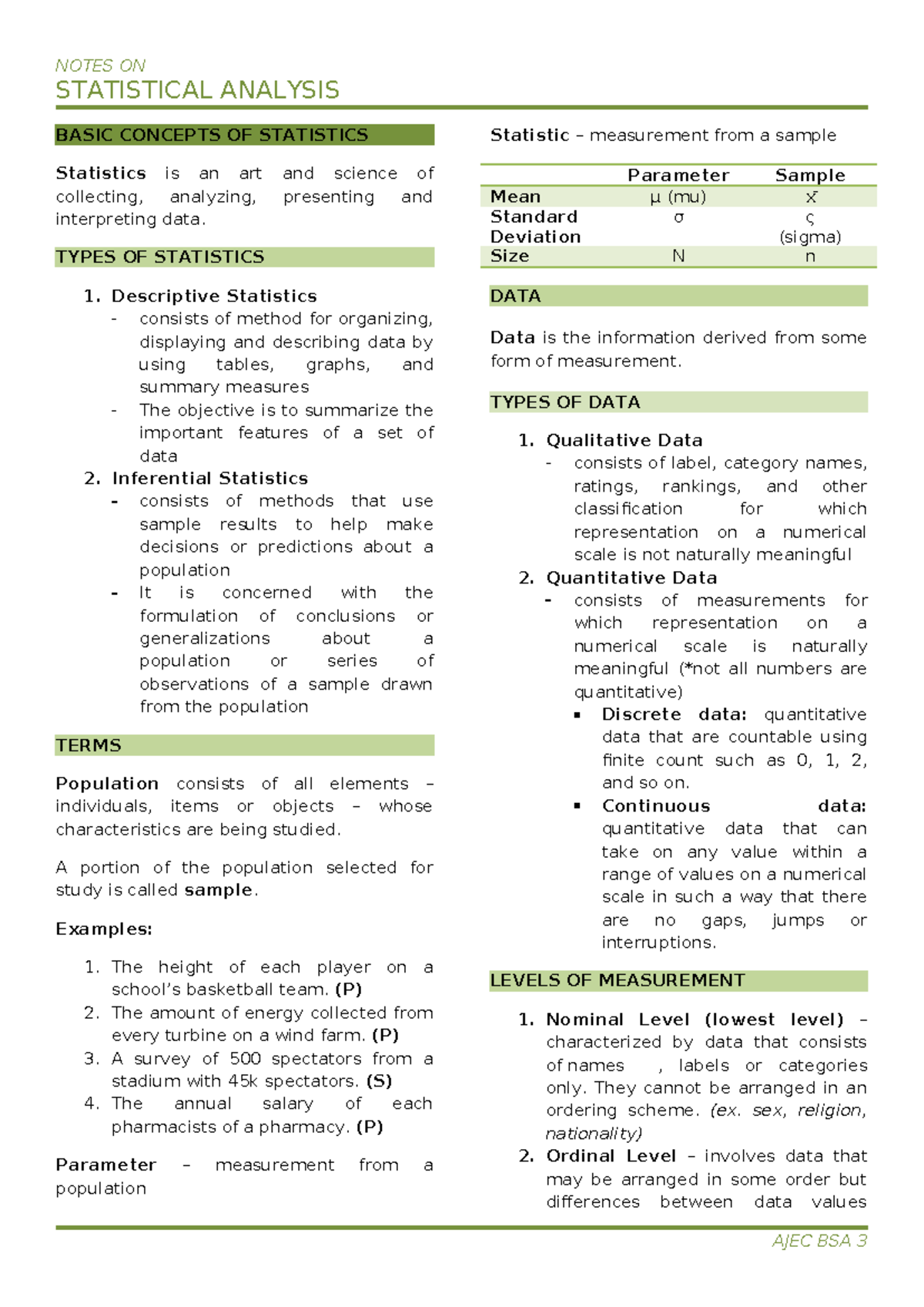 Statistics - NOTES ON STATISTICAL ANALYSIS BASIC CONCEPTS OF STATISTICS ...