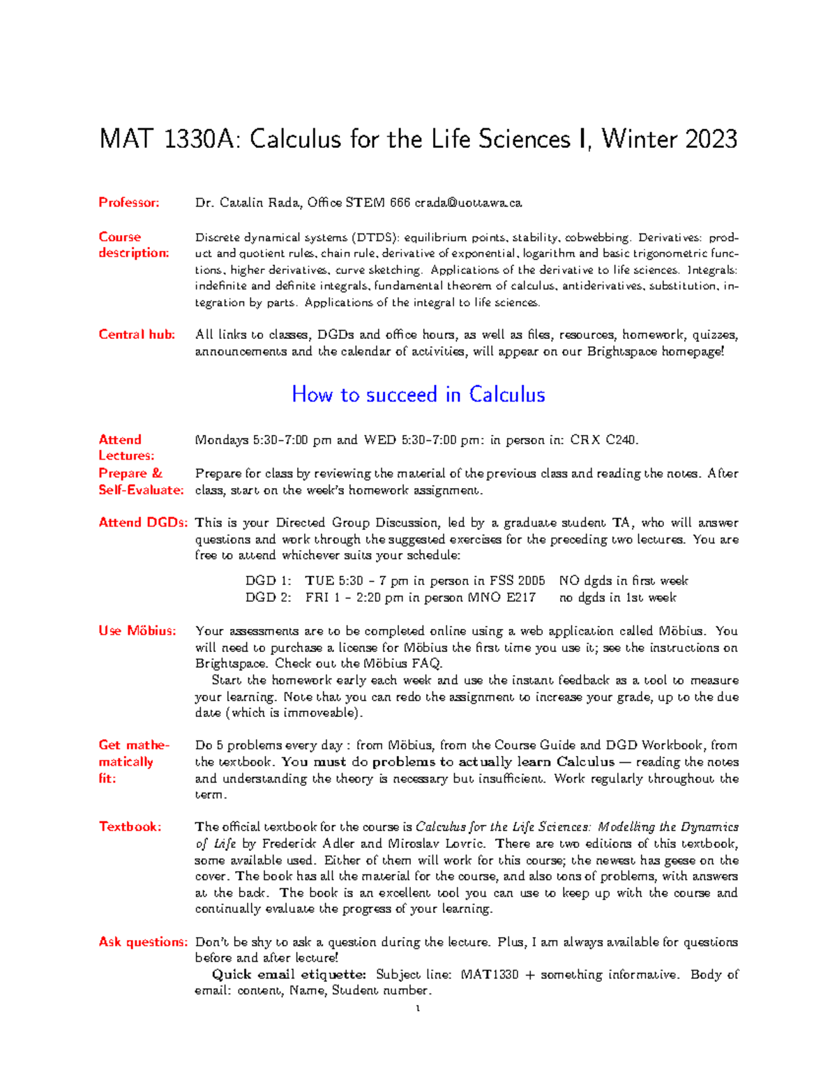 Syllabus - MAT 1330A: Calculus for the Life Sciences I, Winter 2023 ...