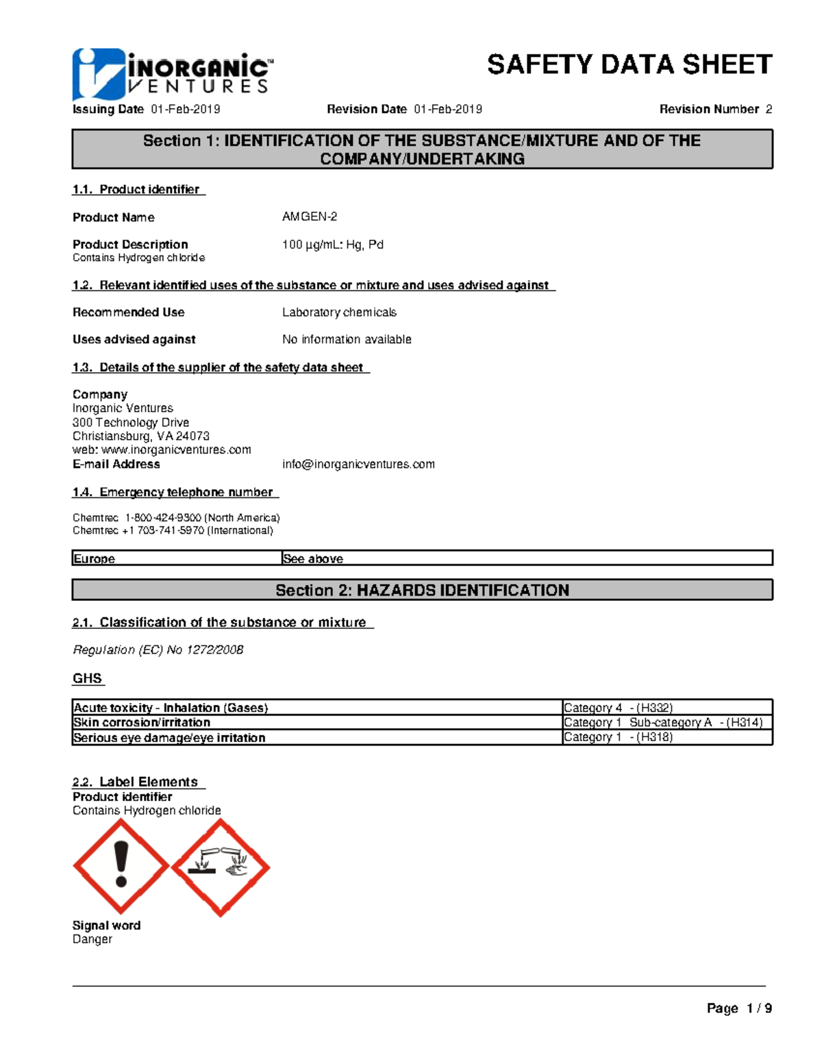 SDS Inorganic Ventures CAS No. 7647-01-0 2019 0201 CRM 2 Standard ...