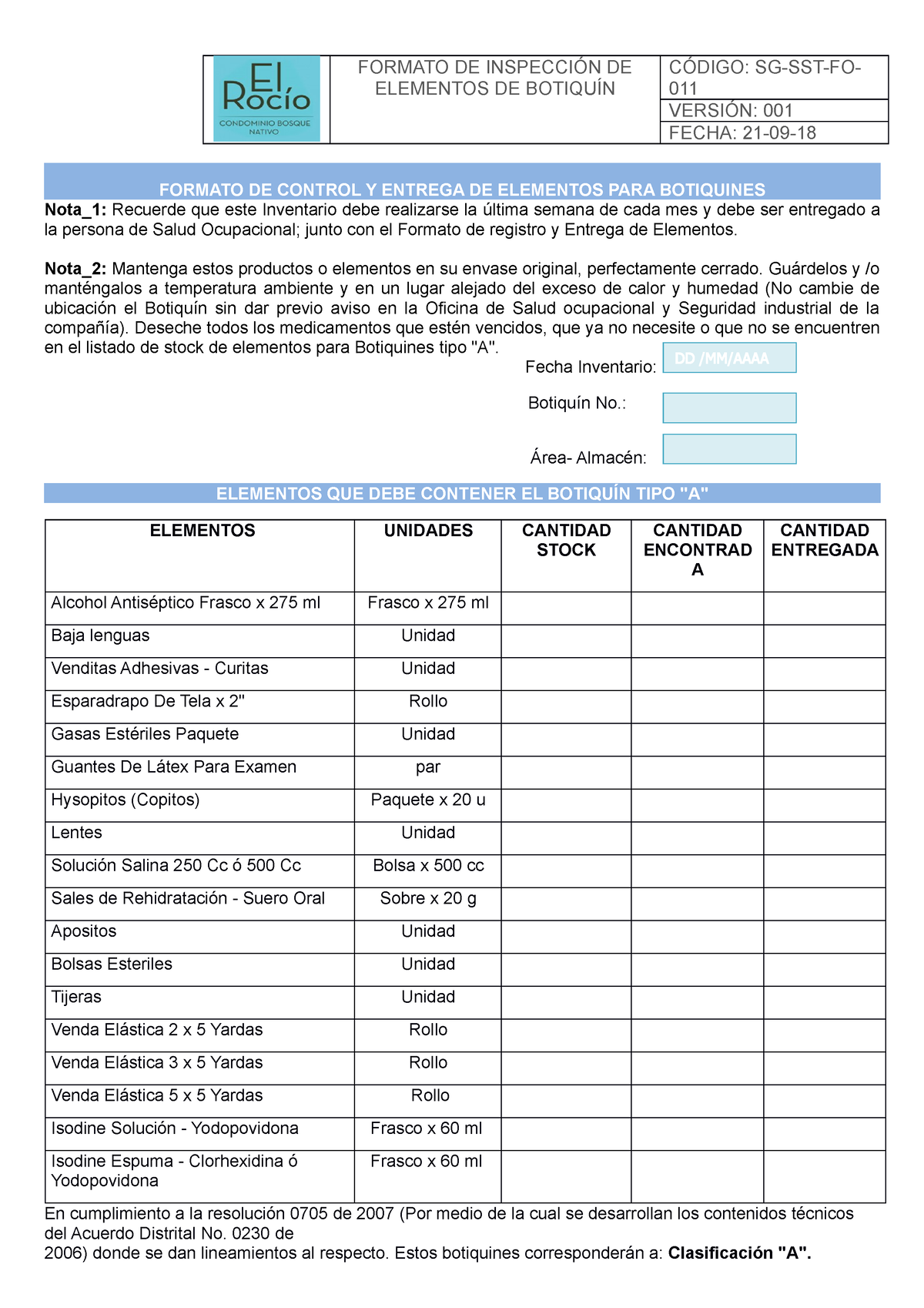 Formato De Elementos De Botiquín Formato De InspecciÓn De Elementos De BotiquÍn CÓdigo Sg Sst 5653