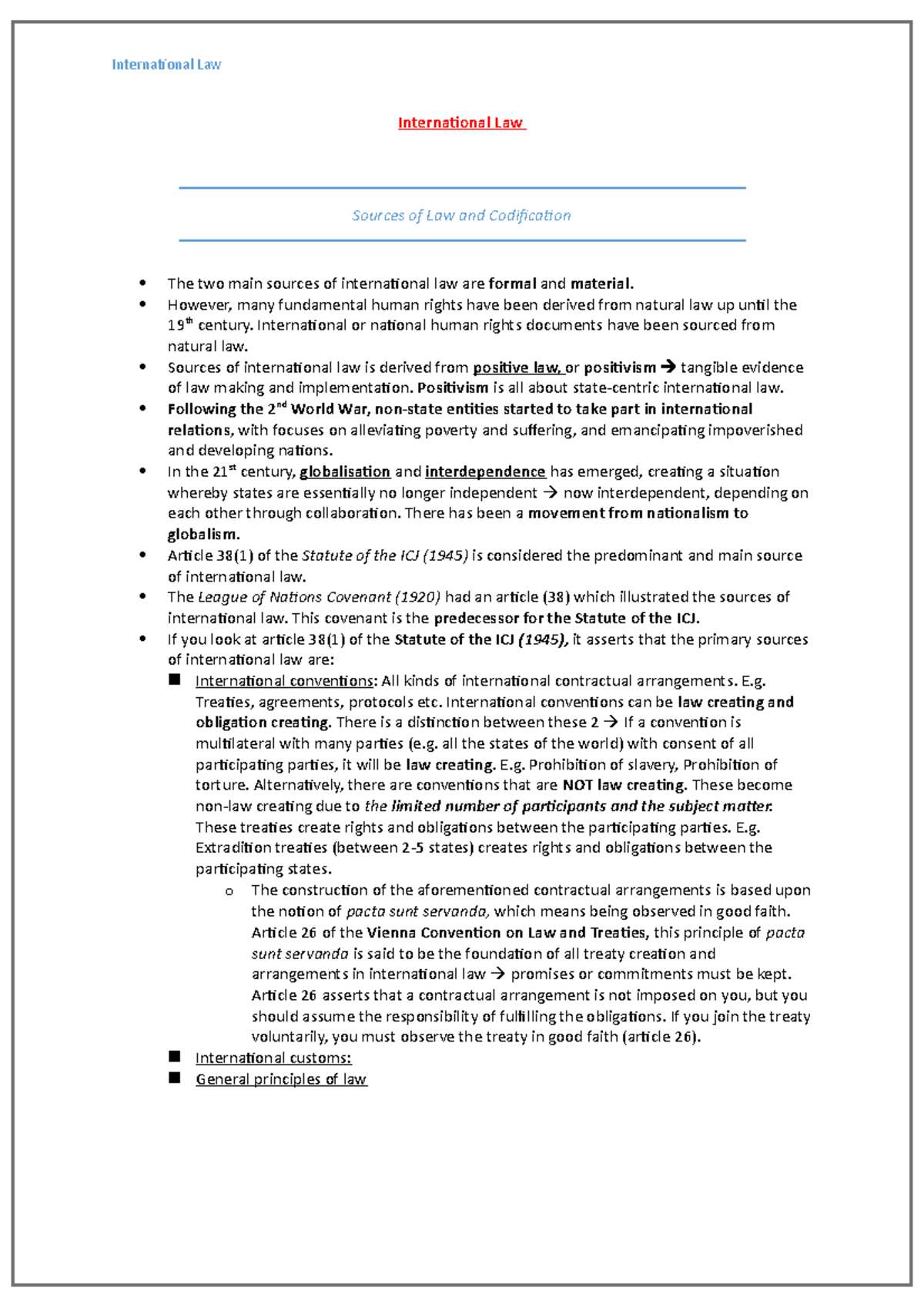 International Law Notes - Lecture notes, lectures 1 - 13 ...
