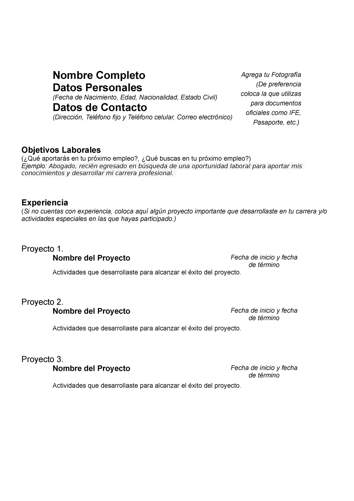 CV sin Experiencia - formato para CV - Nombre Completo Datos Personales  (Fecha de Nacimiento, Edad, - Studocu