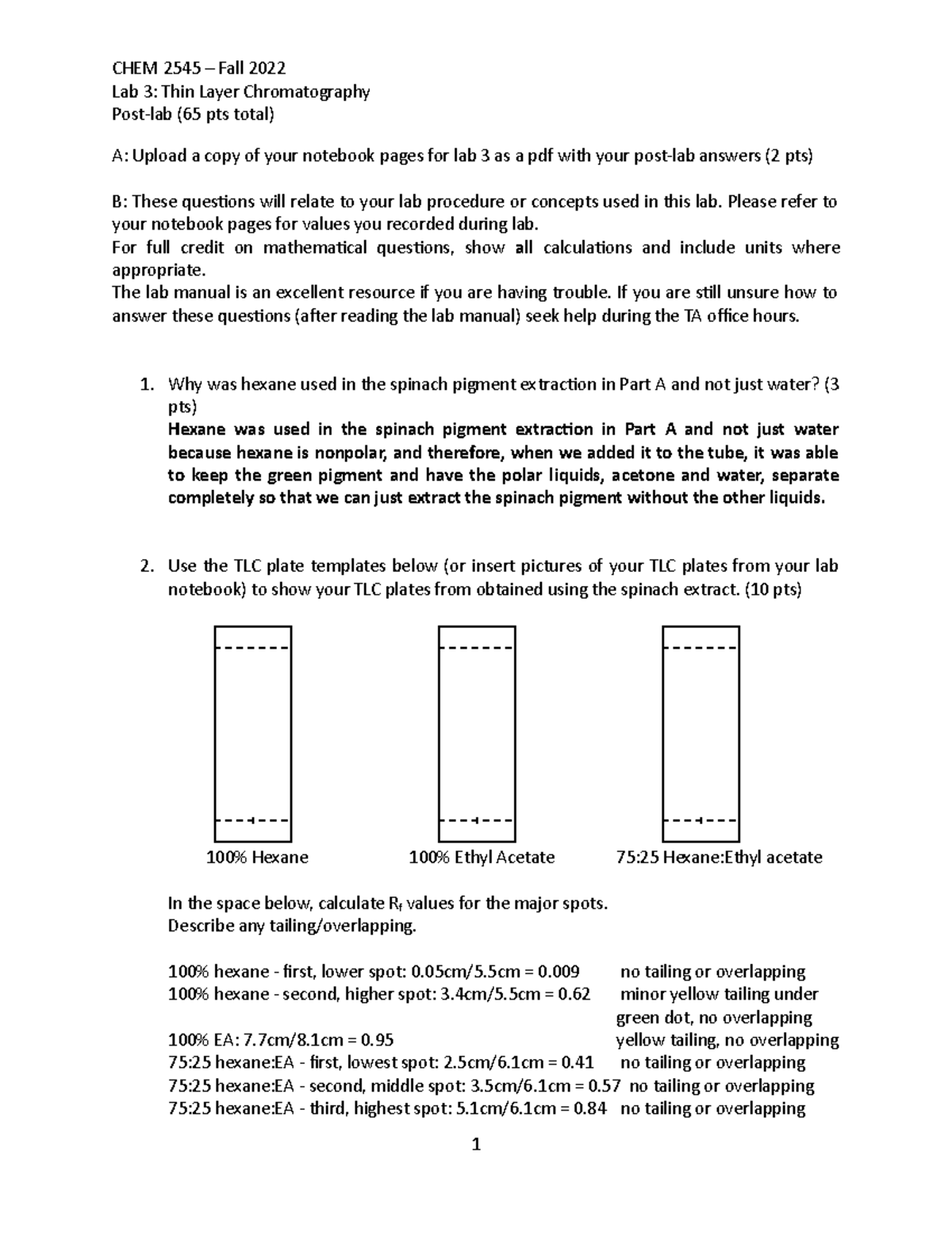 Thin Layer Chromatography Post Lab Lab 3 Thin Layer Chromatography