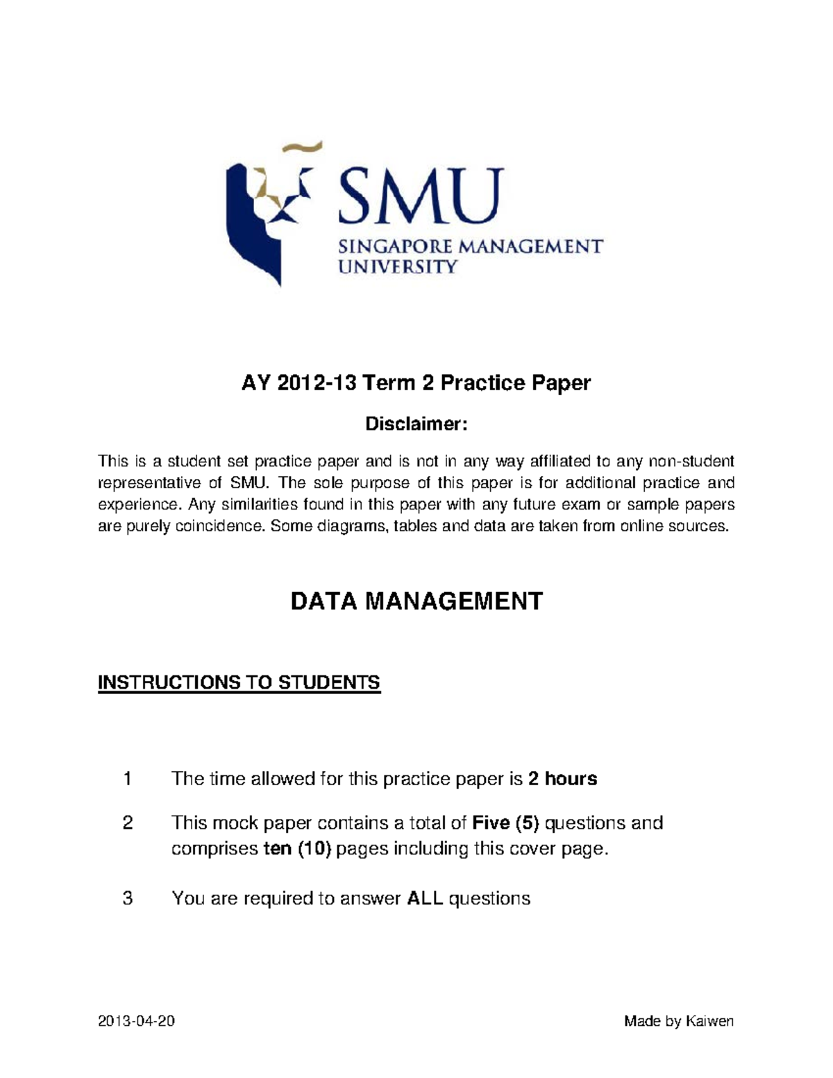DM Sample Paper 2013 - Answers - AY 2012-13 Term 2 Practice Paper ...