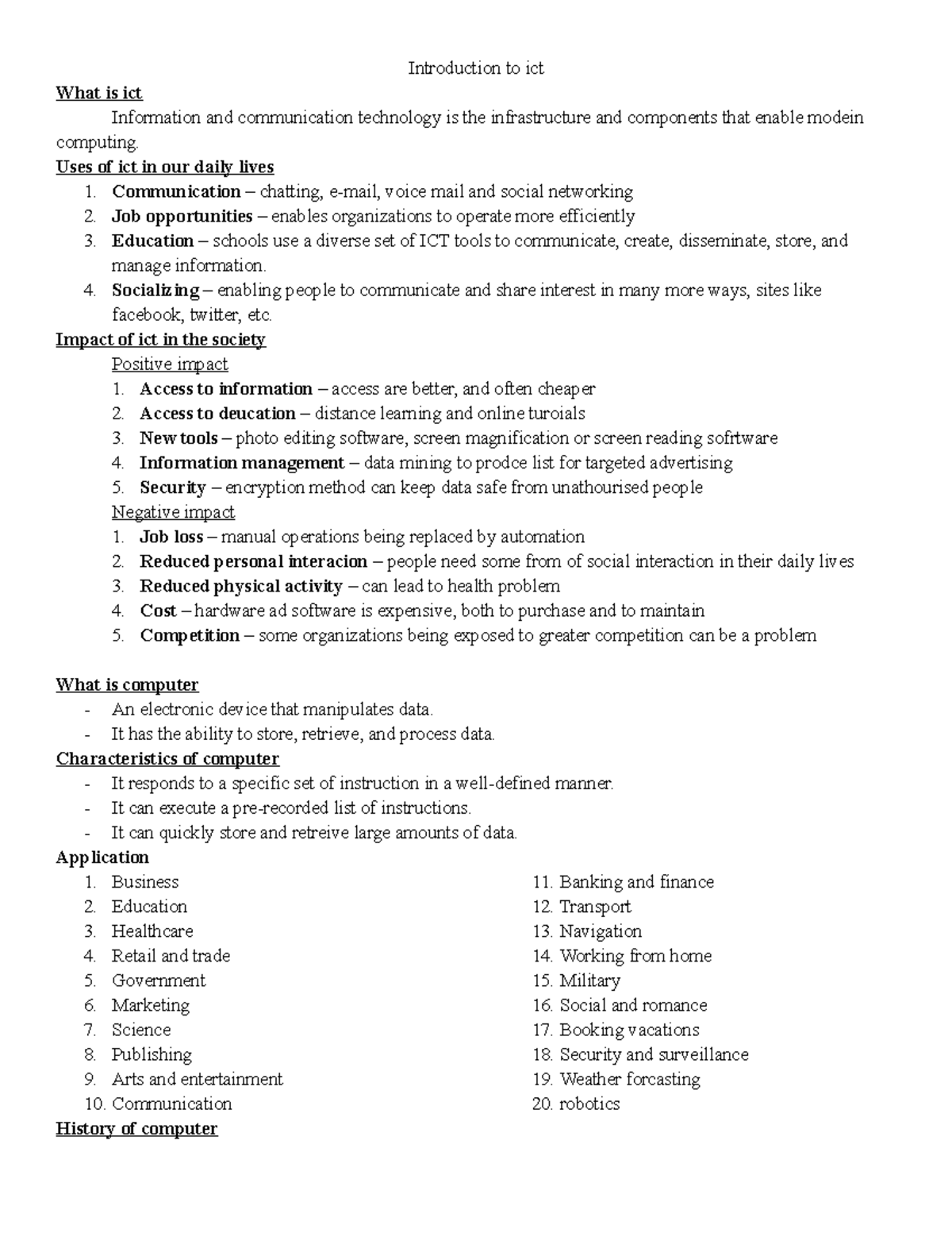 It era notes - Introduction to ict What is ict Information and ...
