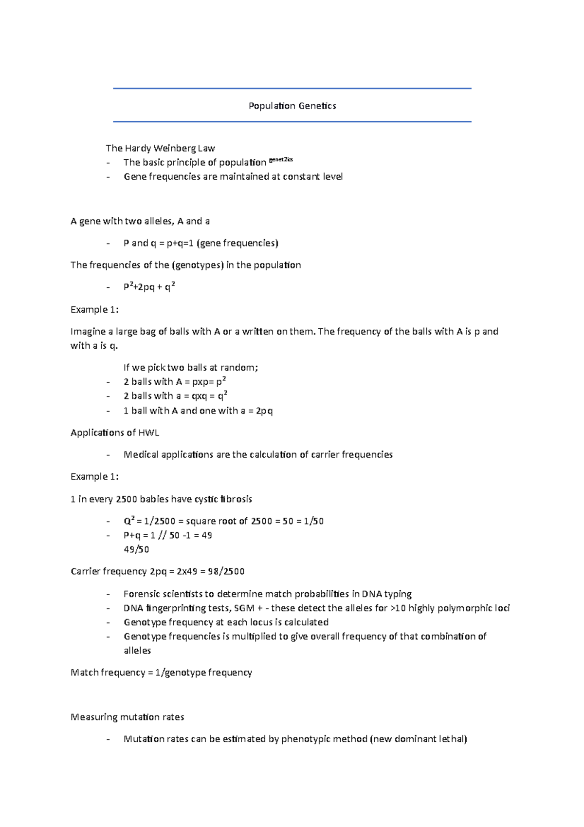 Population Genetics - Hardy Weinberg Law - Population Genetics The ...