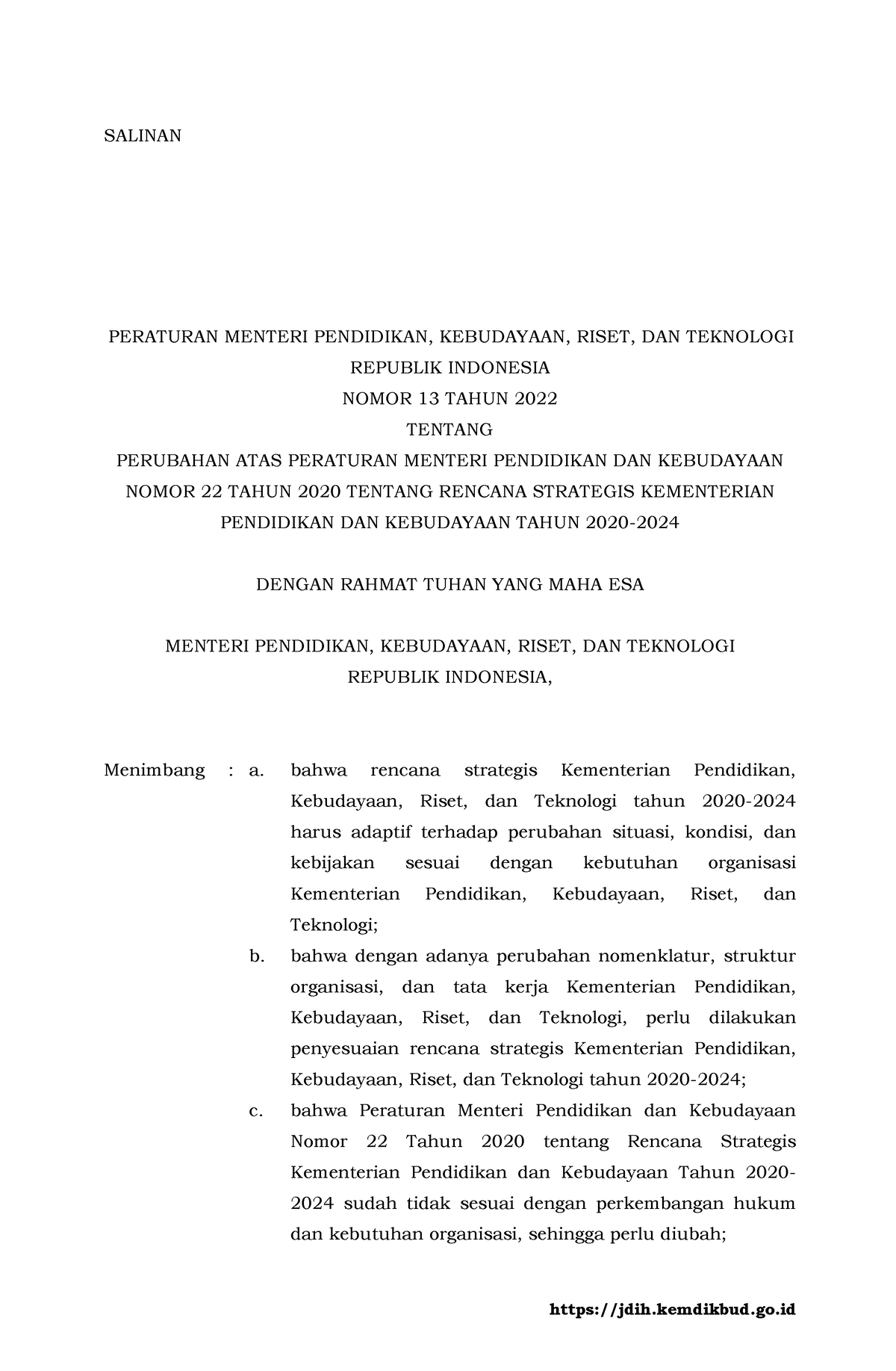 Salinan Permendikbudristek Nomor 13 Tahun 2022 - SALINAN PERATURAN ...