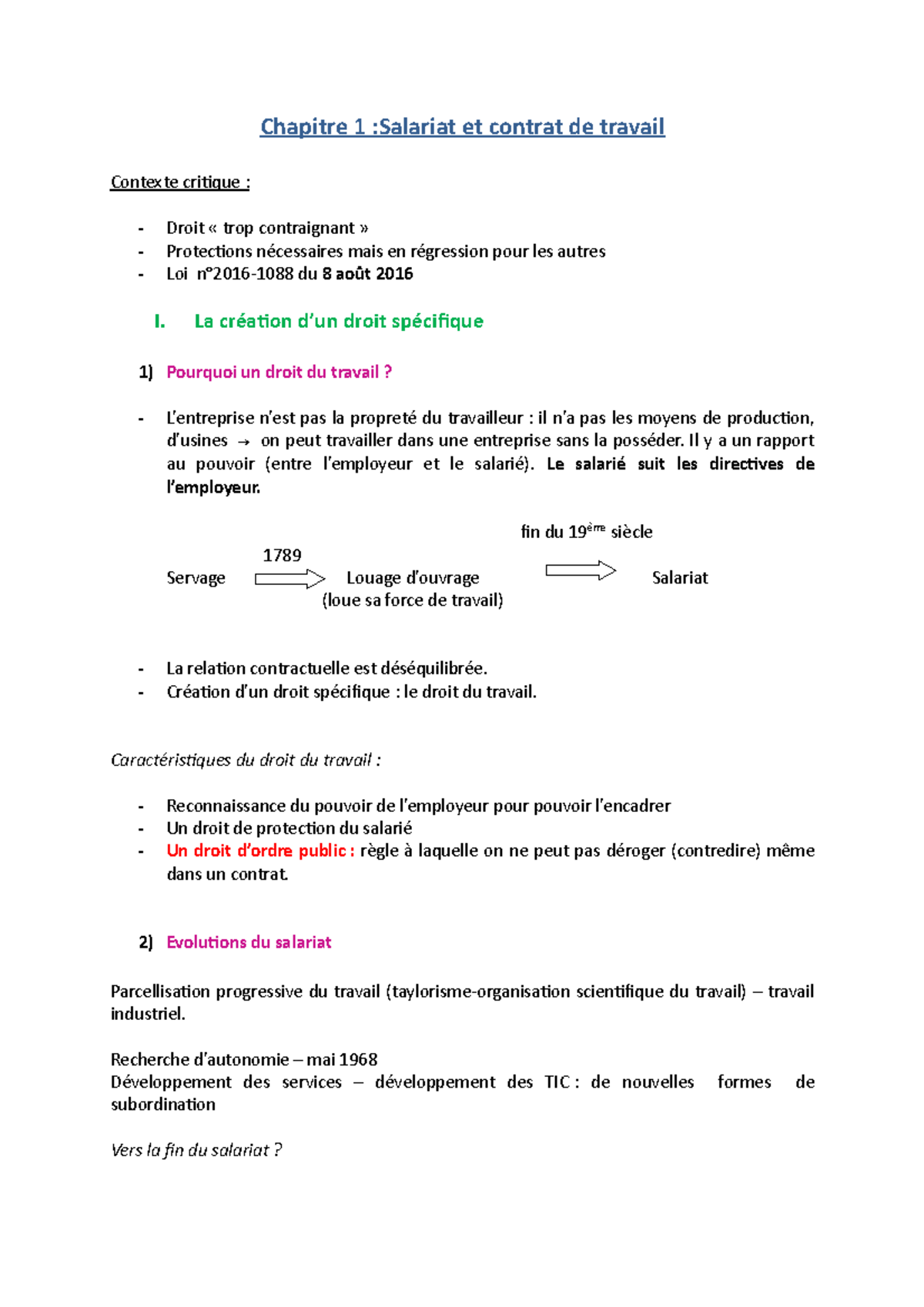 Droit Du Travail : Cours Complet - Chapitre 1 :Salariat Et Contrat De ...