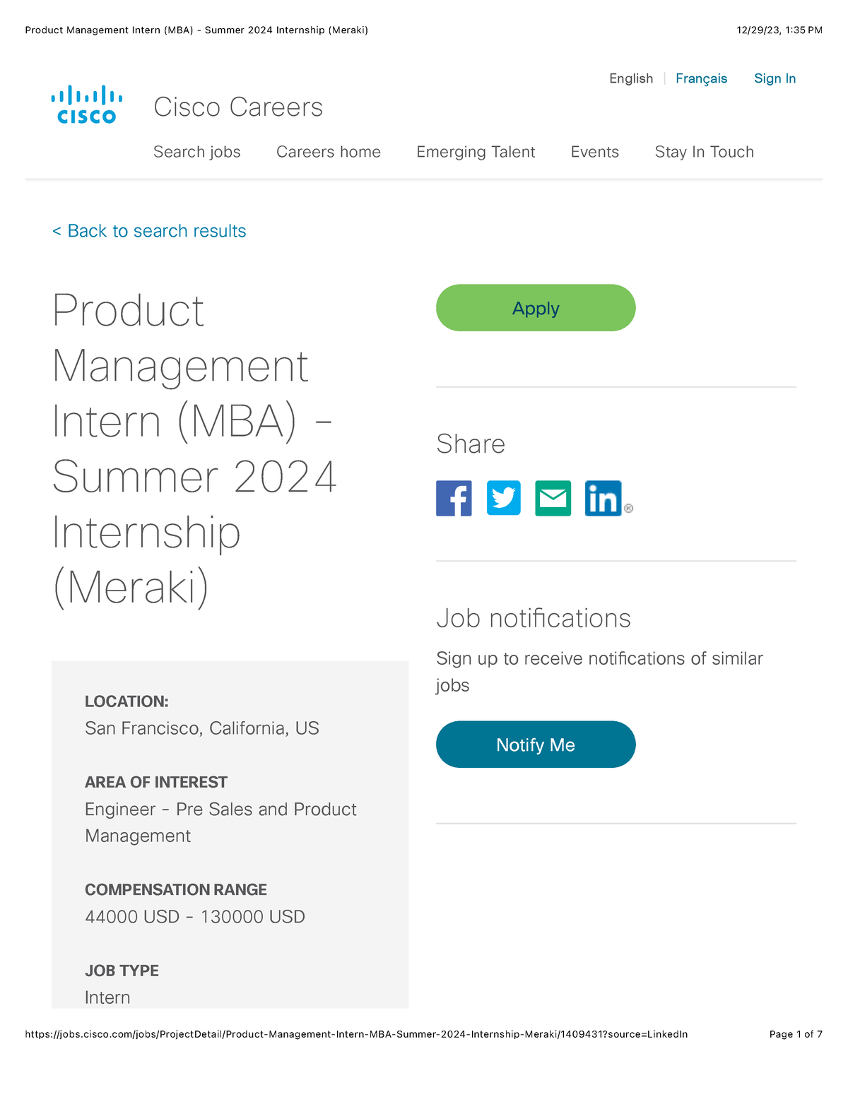 Cisco Product Management Intern (MBA) Summer 2024 Internship