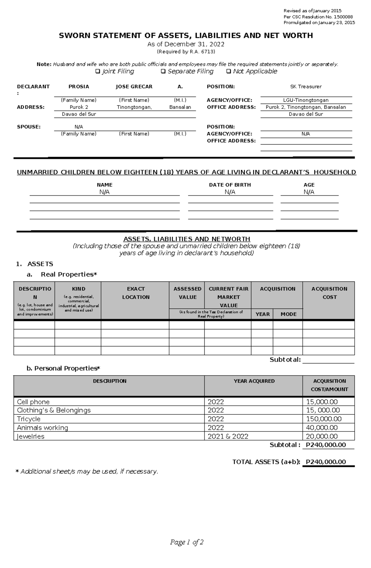 2023 SALN Form jose grecar prosia - Revised as of January 2015 Per CSC ...