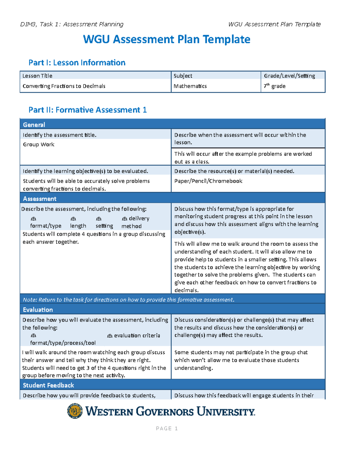 WGU Assessment Plan Template Describe When The Assessment Will Occur 