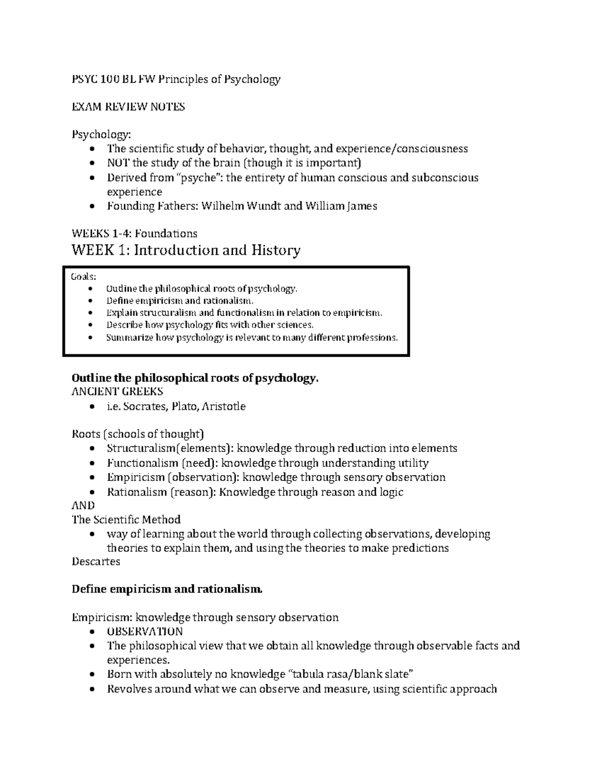PSYC-100- Notes - PSYC 100 BL FW Principles of Psychology EXAM REVIEW ...