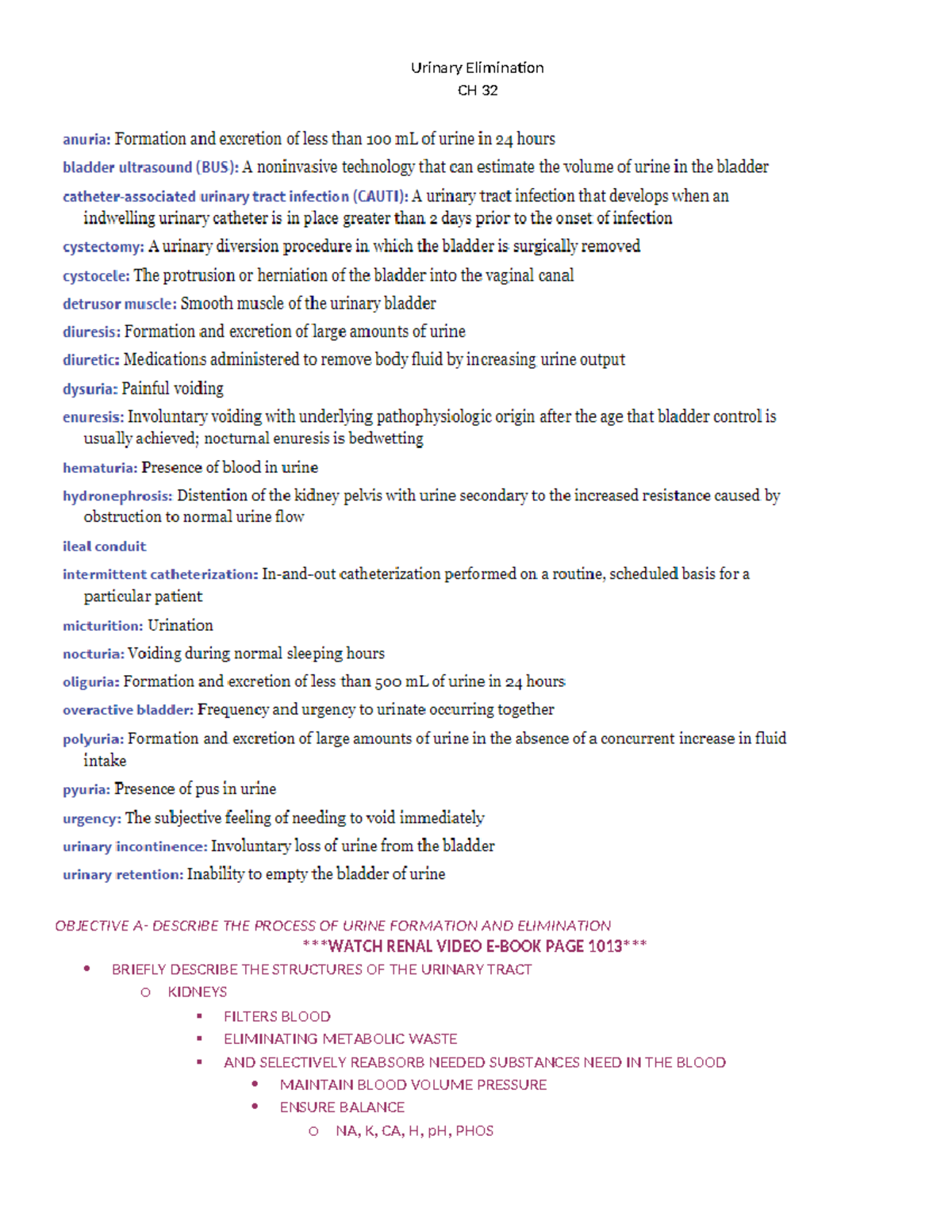 Urinary Elimination Worksheet F 18c - CH 32 OBJECTIVE A- DESCRIBE THE ...