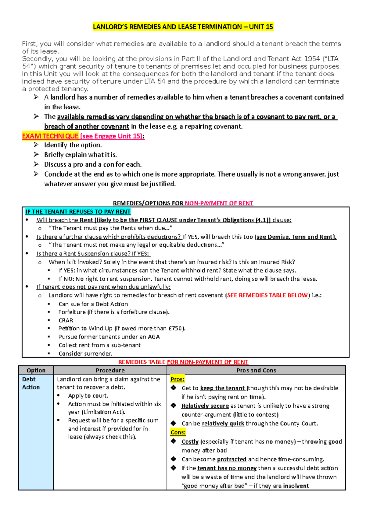 Landlord's remedies & lease termination Unit 15 notes - LANLORD’S ...