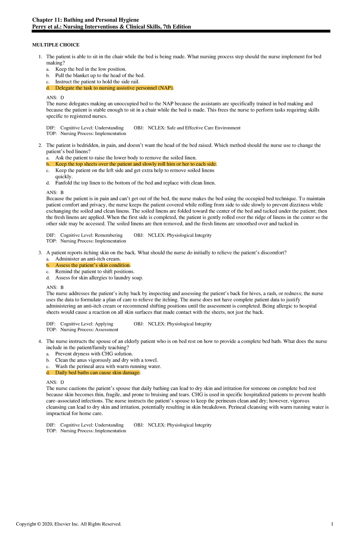 Exam View - Chapter 11 - test - Chapter 11: Bathing and Personal ...