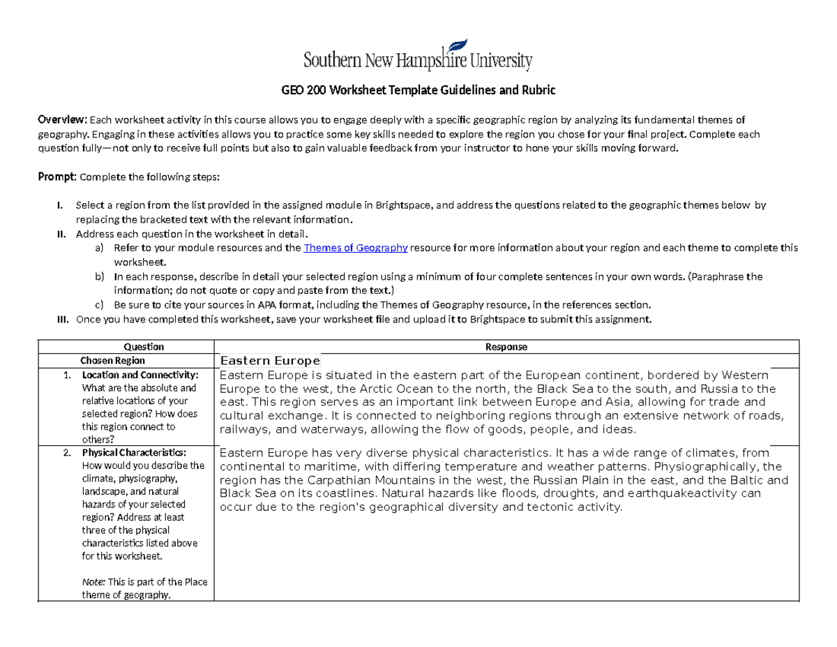 What Makes a Region a Region - GEO 200 Worksheet Template Guidelines ...