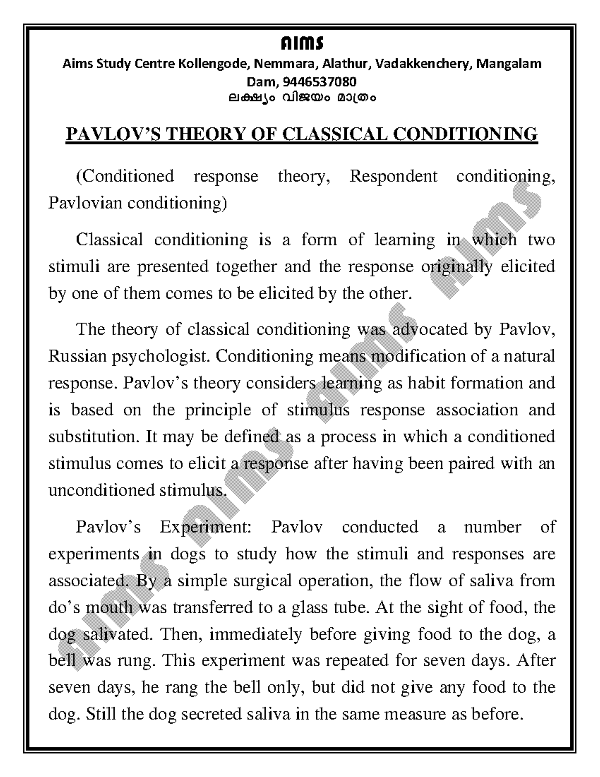 Pavlov's theory - Educational psychology - Aims Study Centre Kollengode ...