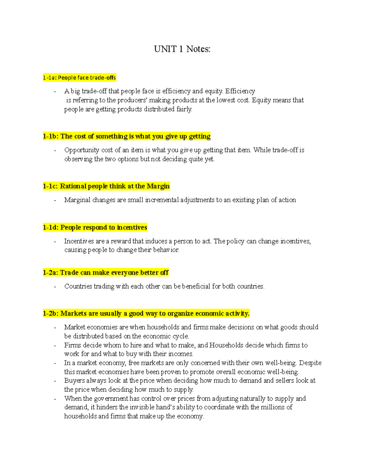 Microeconmics notes - UNIT 1 Notes: 1-1a: People face trade-offs A big ...