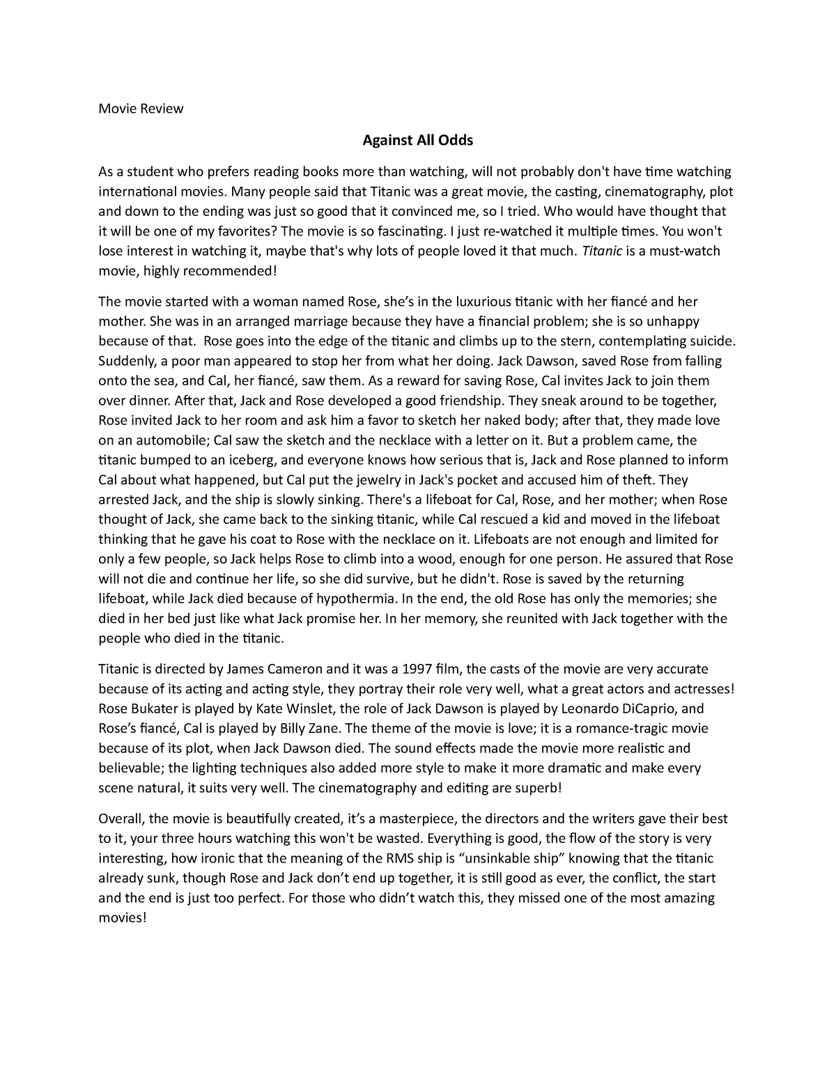 titanic movie review in english essay